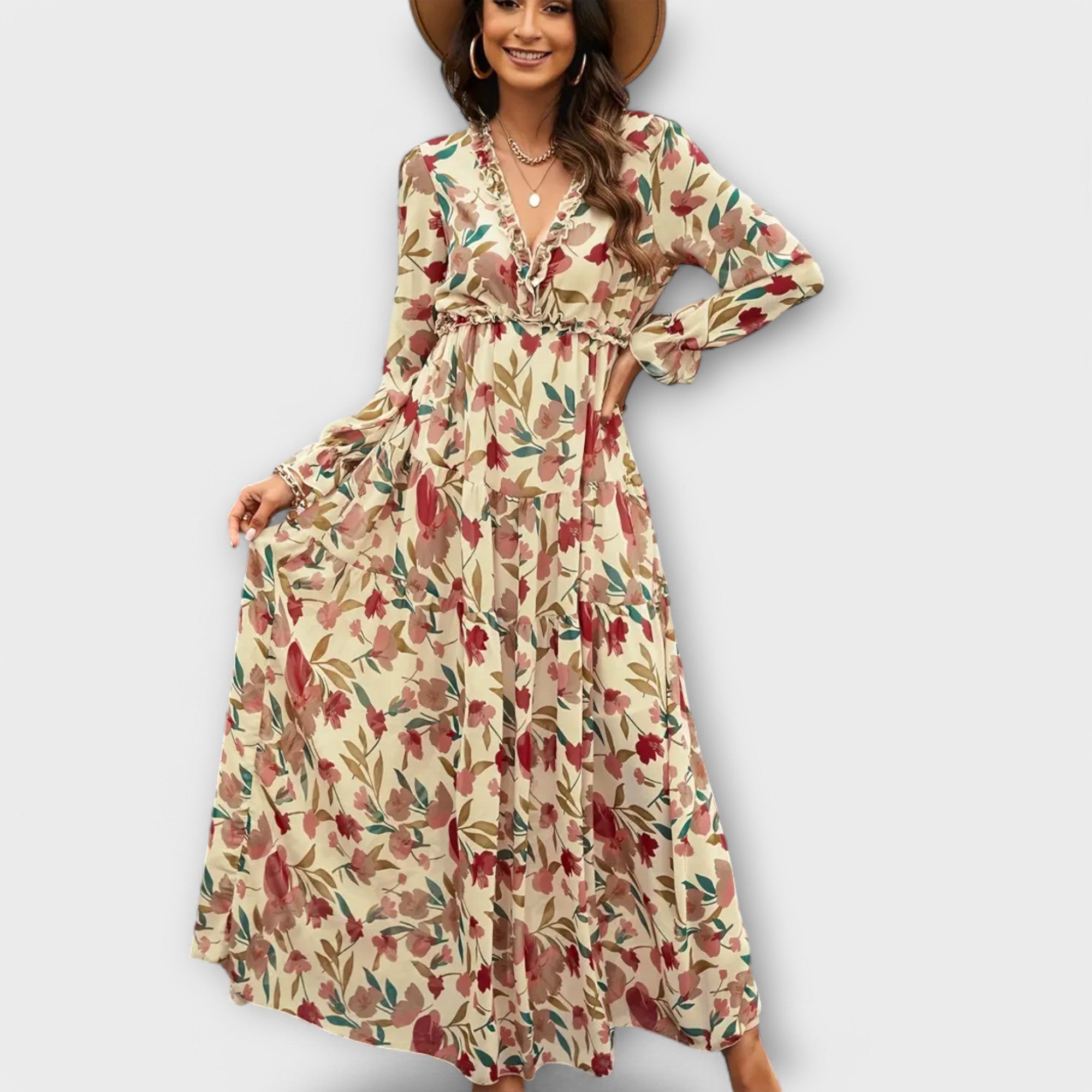 Women’s Maxi Dress, Floral Print, Long Sleeve, V-Neck, Pleated Fabric