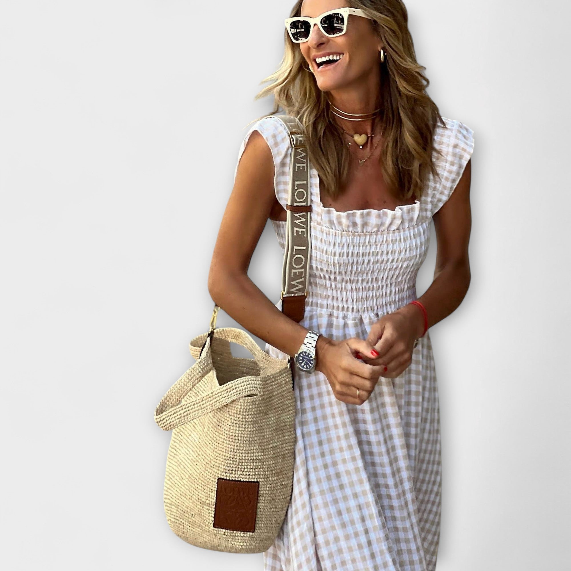 Women’s Ankle-Length Check Dress, Lightweight Fabric, Ruffled Sleeves, Gathered Waist