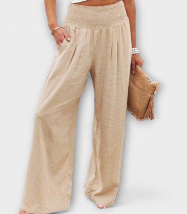 Women’s Wide Fit Trousers, Mid-Rise Waist, Cotton Linen Blend, Multiple Colors