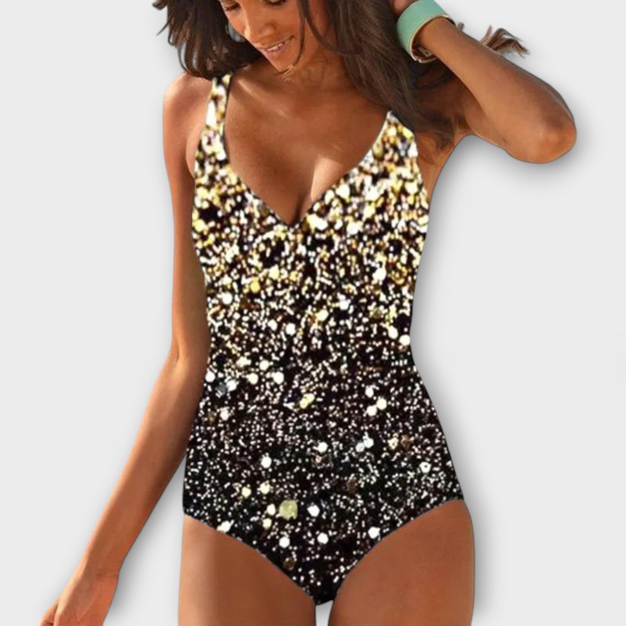 Women’s Monokini, Black and White, Sleeveless, Deep V-Neck, Supportive Fit, Polyester Elastane Blend