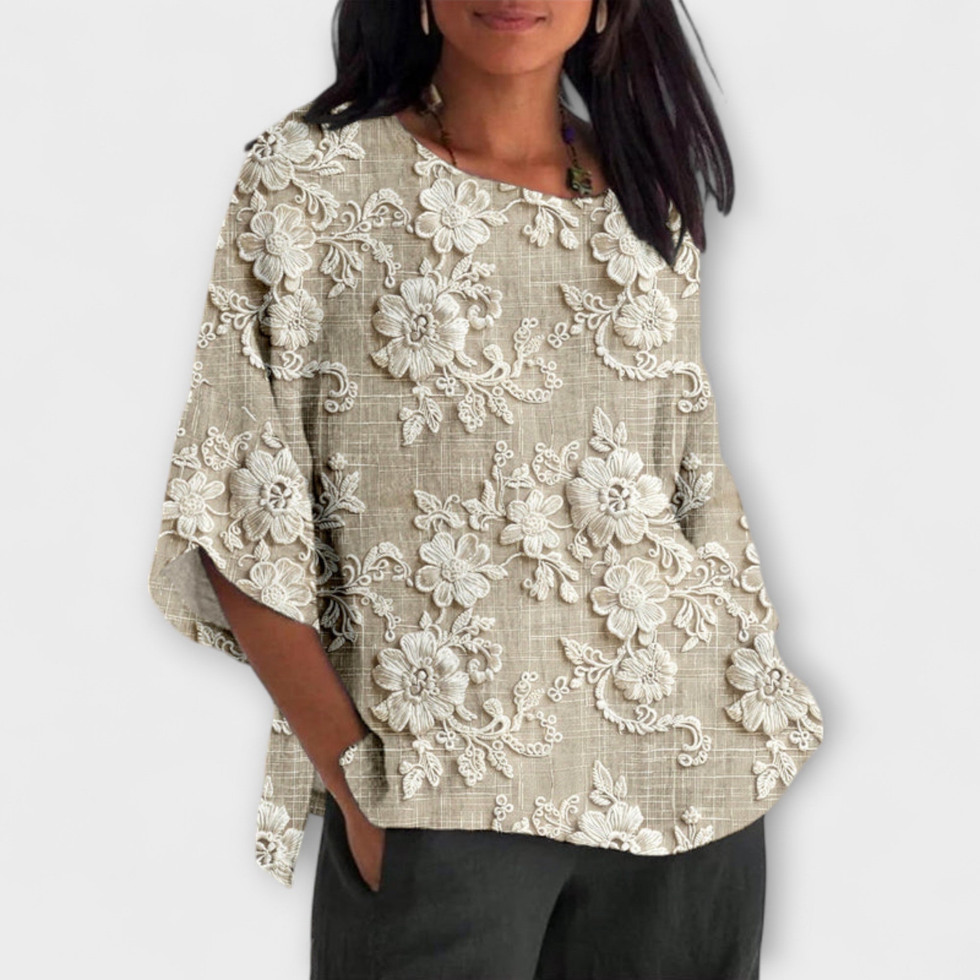 Women’s Floral Top, Vintage Pattern, Lightweight, Relaxed Fit, Three-Quarter Sleeves