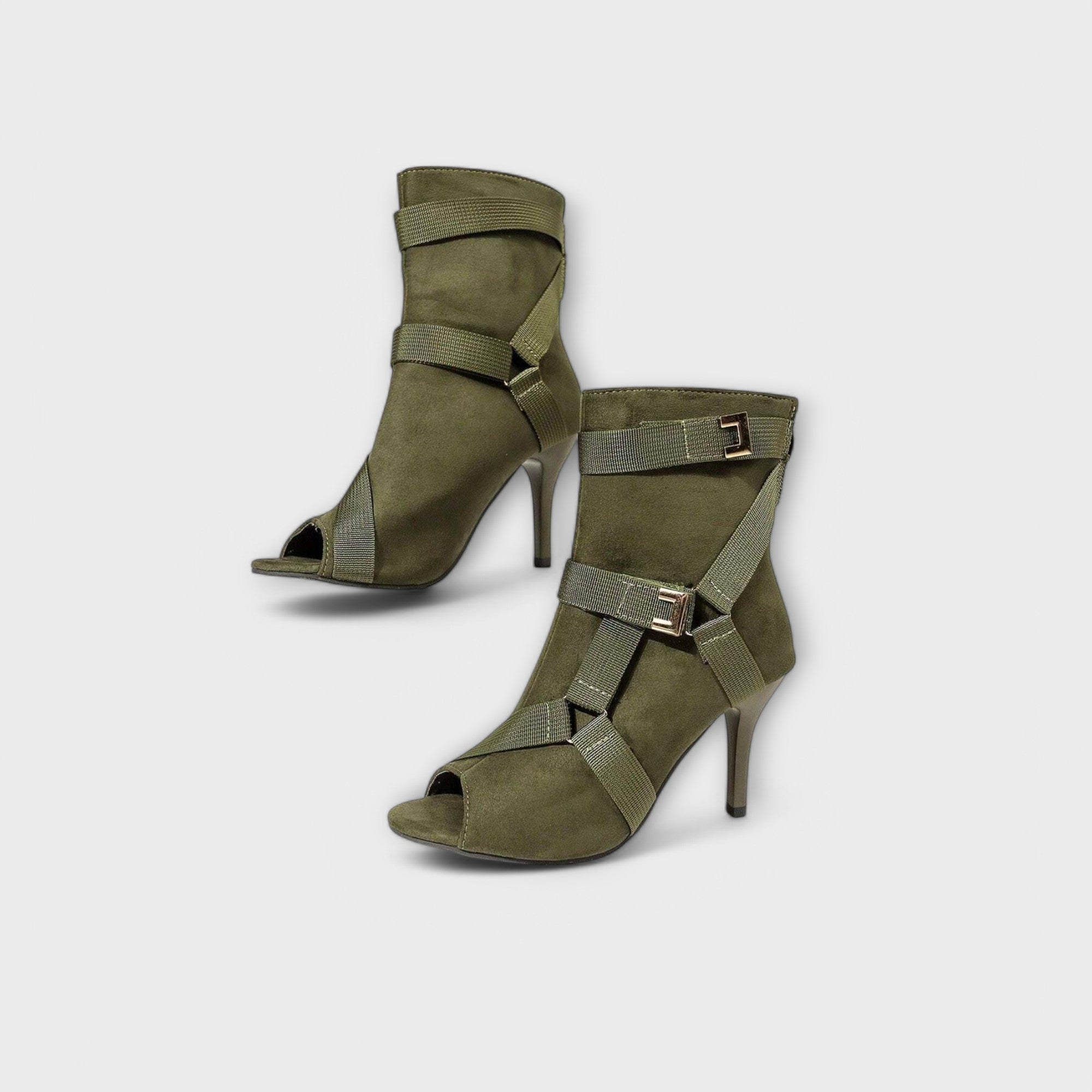 Women’s Suede Military Green Ankle Boots, Open Toe, Stiletto Heel, Crisscross Strap, Rear Zip Closure