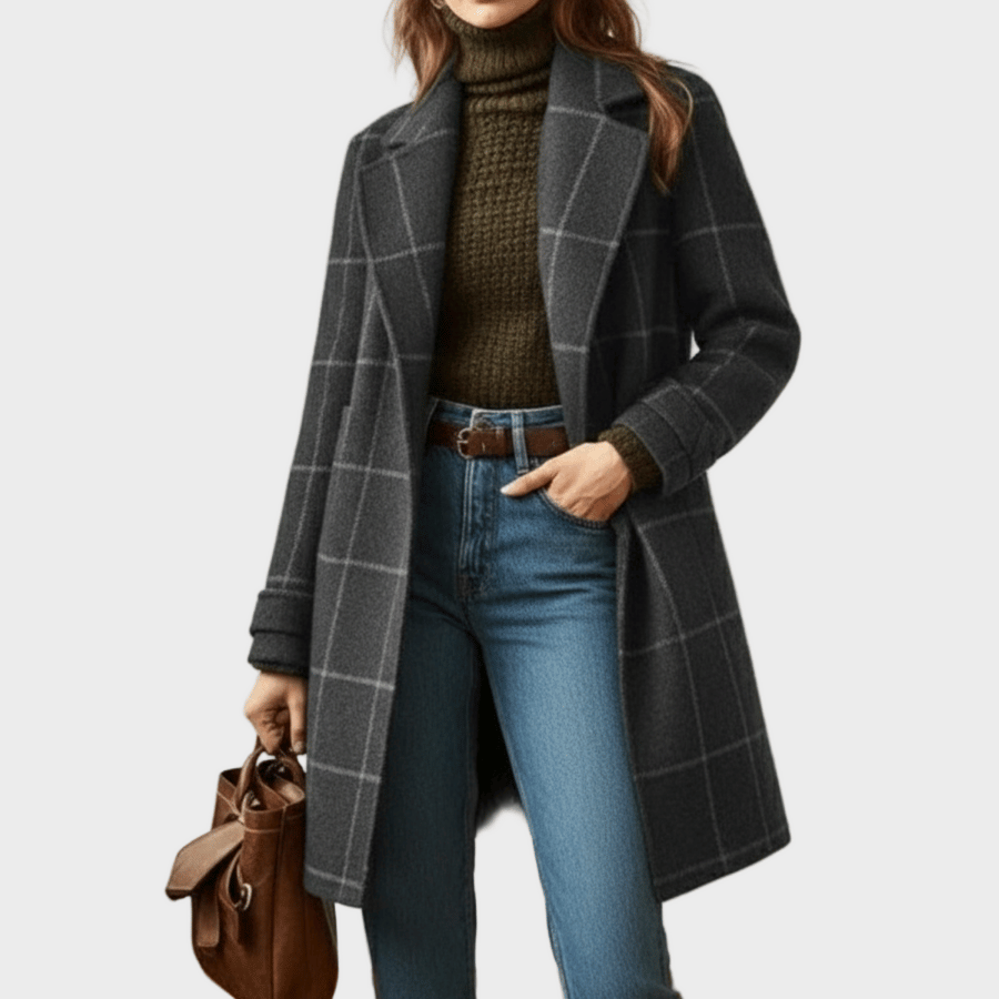 Women’s Knee-Length Wool Blend Dress, Checked Pattern, Long Sleeve, Notch Collar, Structured Fit