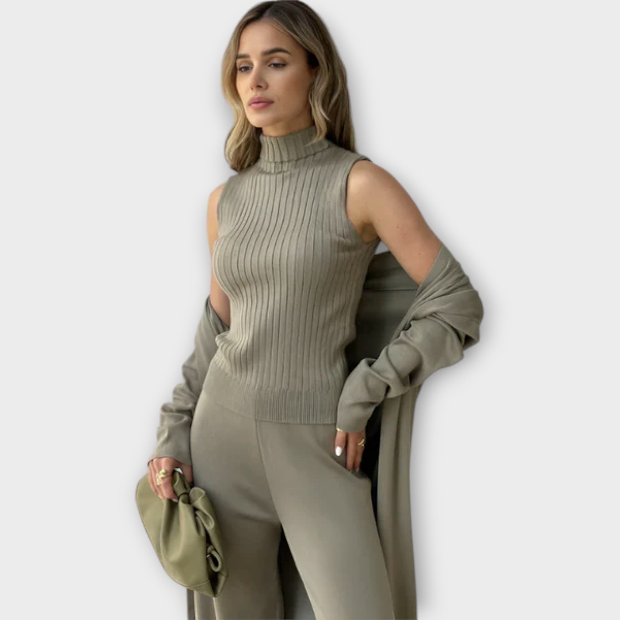 Women’s Three-Piece Set, Tailored Trousers, Soft Cardigan, Top, Versatile Wardrobe Essential