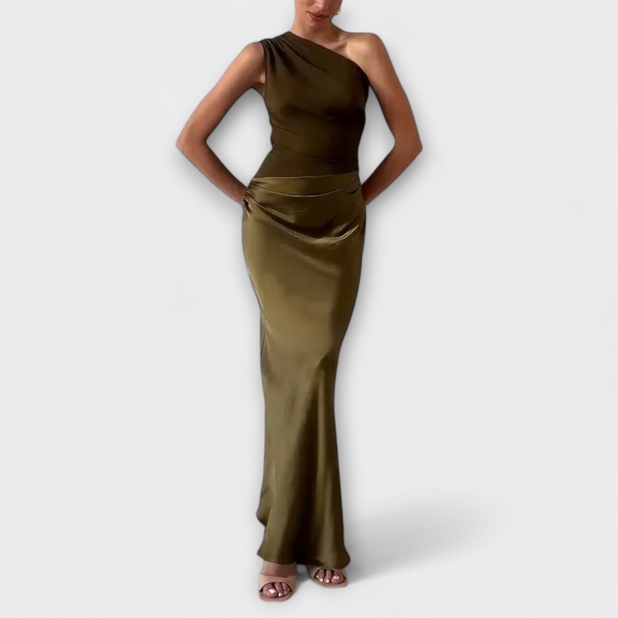 Women’s Maxi Dress, One-Shoulder Sleeve, Asymmetric Neckline, Pleated, Flowing Fit, Soft Fluid Fabric