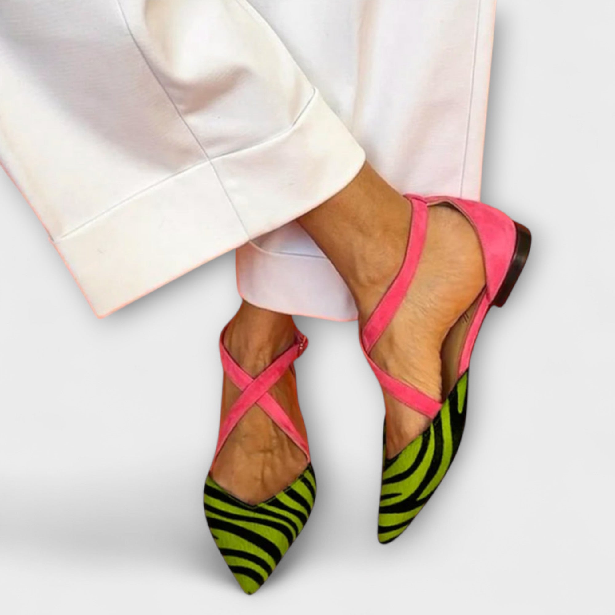 Women’s Flats, Fuchsia Zebra Print, Criss-Cross Straps, Cushioned Insoles
