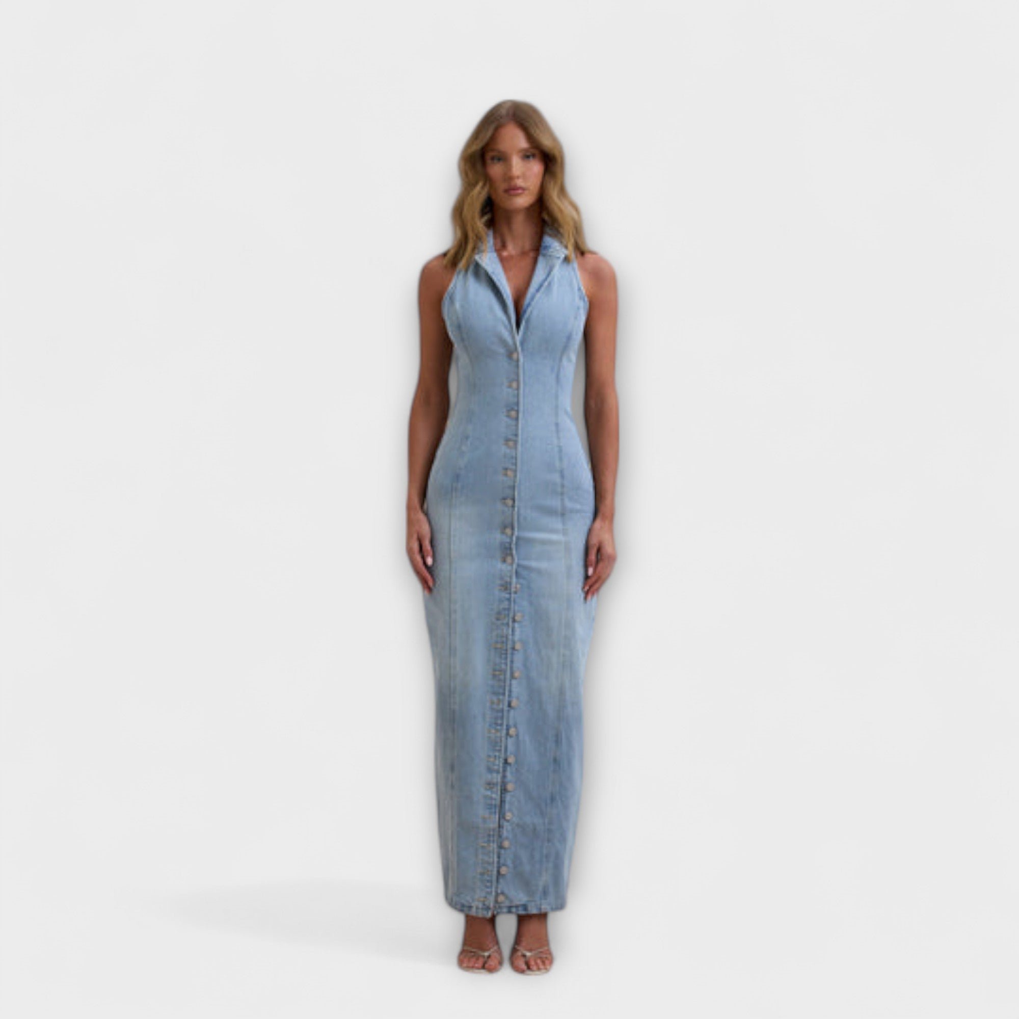 Women’s Denim Maxi Dress, Medium Wash, Sleeveless, Halter Neck, Fitted, Button Front, Elastic Ruched Back