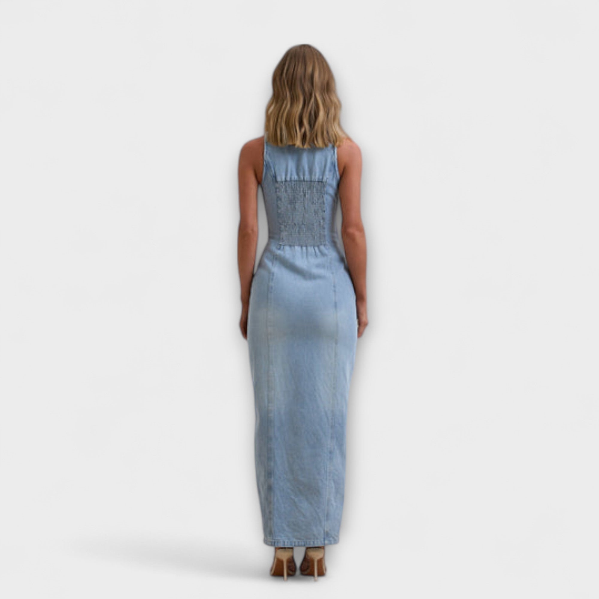 Women’s Denim Maxi Dress, Medium Wash, Sleeveless, Halter Neck, Fitted, Button Front, Elastic Ruched Back