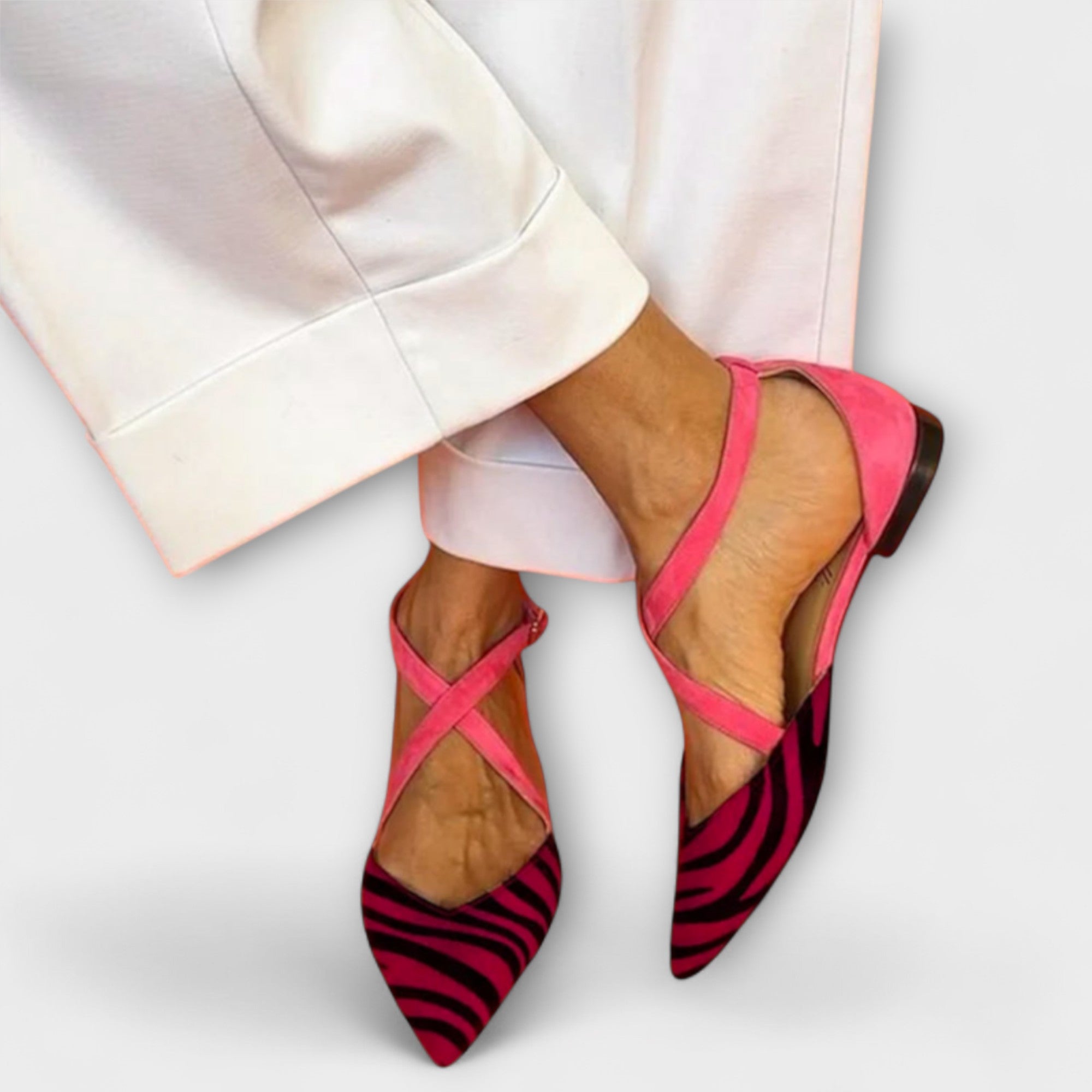 Women’s Flats, Fuchsia Zebra Print, Criss-Cross Straps, Cushioned Insoles