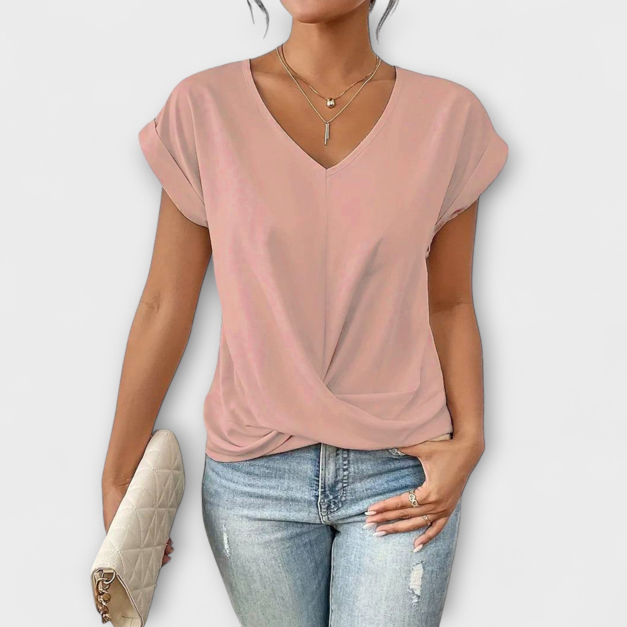 Women’s Lightweight V-Neck Top, Fluid Fit, Subtle Button Detail, Comfortable and Versatile