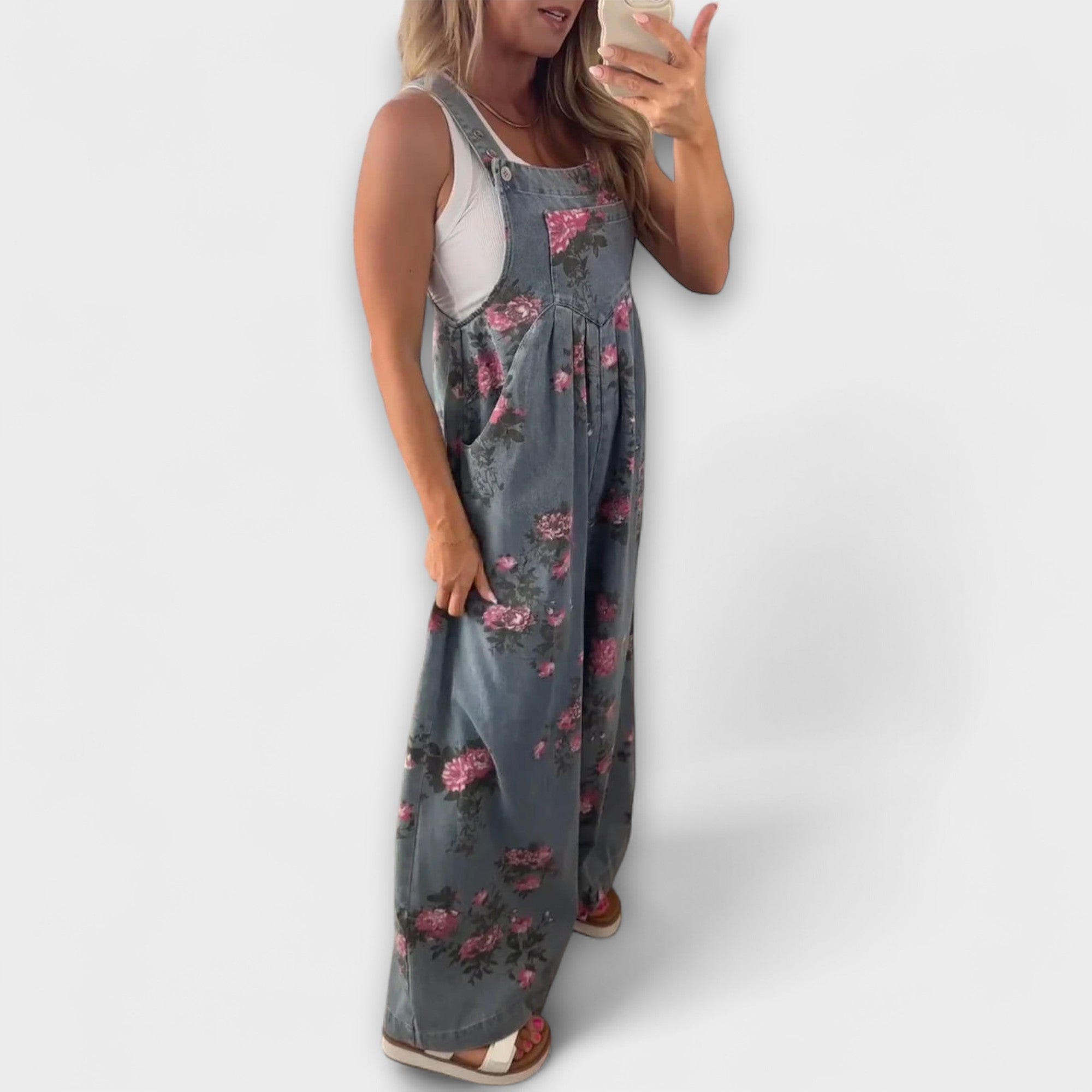 Women’s Wide-Leg Dress, Vintage Floral Print, Sleeveless, Square Neckline, Comfortable Fit, Soft Durable Fabric