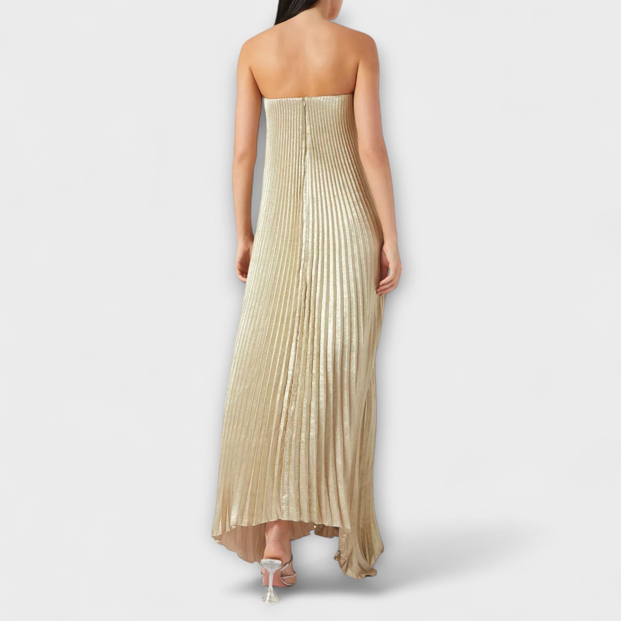 Women’s Maxi Dress, Orange Floral Pleated Fabric, Sleeveless, Sweetheart Neckline, Integrated Corset Fit, Full-Length Hem