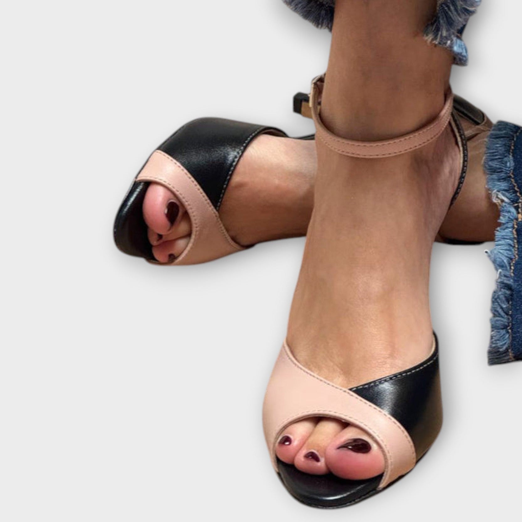 Women’s Two-Tone Vegan Leather Sandals, Open-Toe, Adjustable Ankle Strap, 5 cm Heel