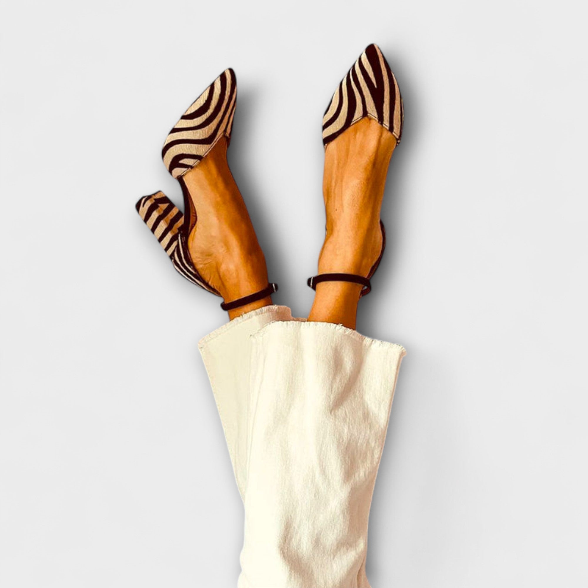 Women’s Zebra Print Faux Suede Block Heel Pumps, Pointed Toe, Ankle Strap