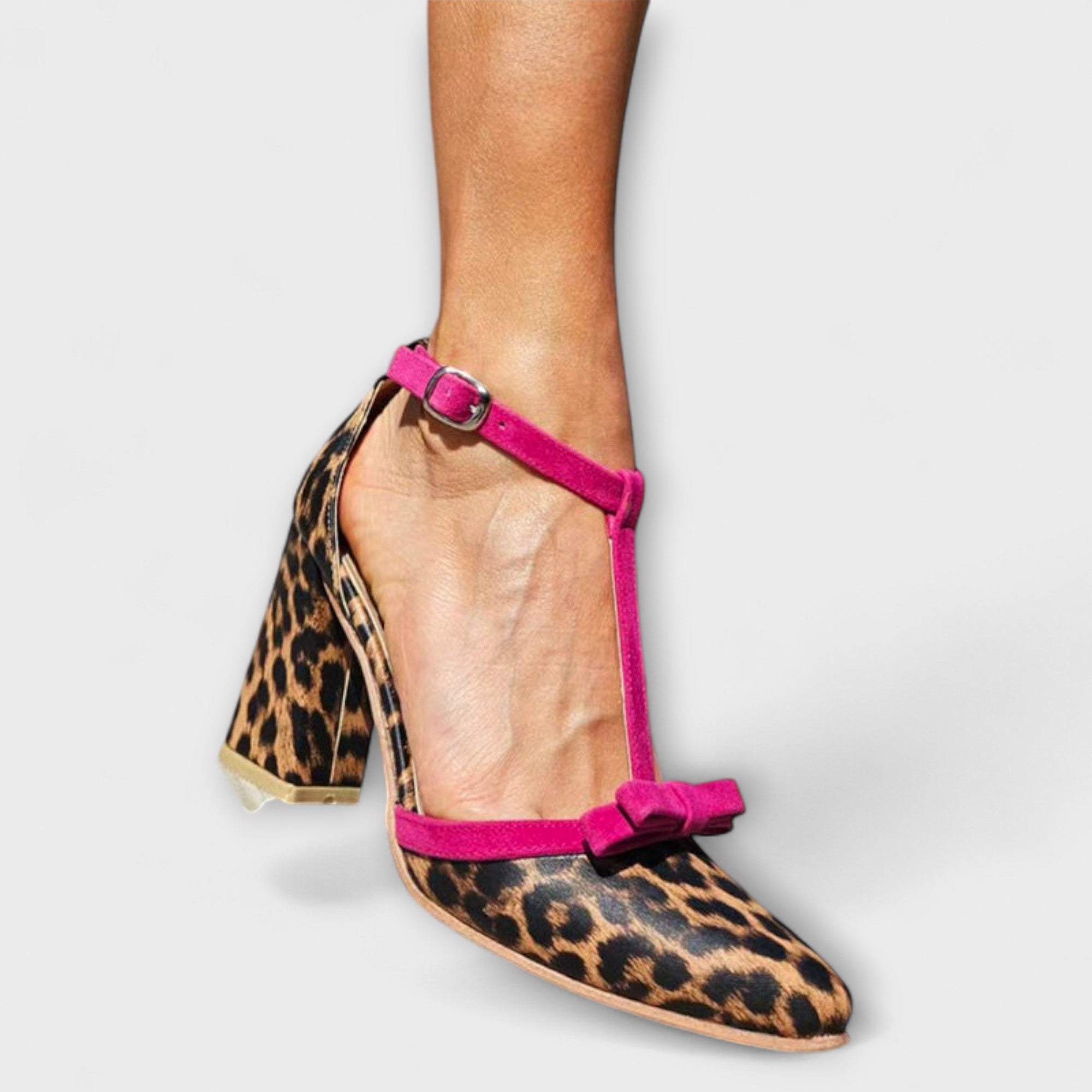Women’s Leopard Print Block Heel Heels, Adjustable Ankle Strap, Textured Vegan Leather, Pink Trim, Bow Detail
