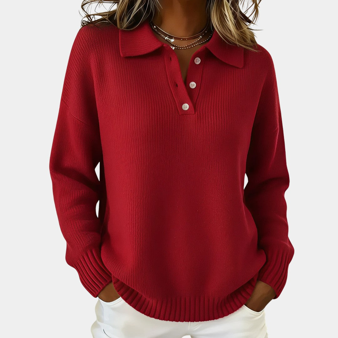 Women’s Polo Sweater, Long Sleeve, Polo Collar, Soft Stretch Knit, Regular Fit