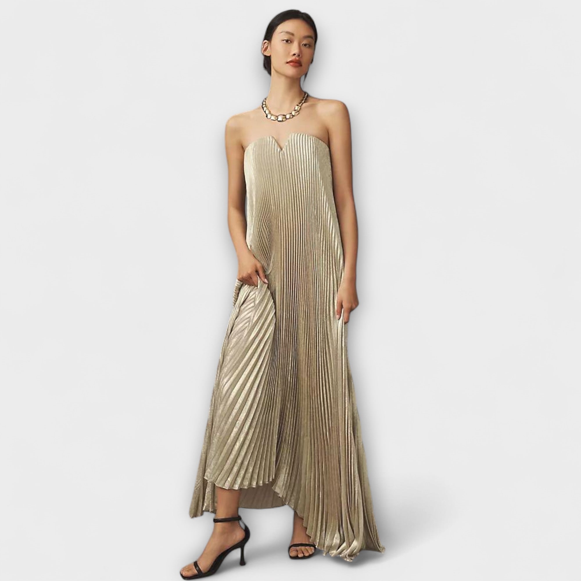 Women’s Maxi Dress, Orange Floral Pleated Fabric, Sleeveless, Sweetheart Neckline, Integrated Corset Fit, Full-Length Hem