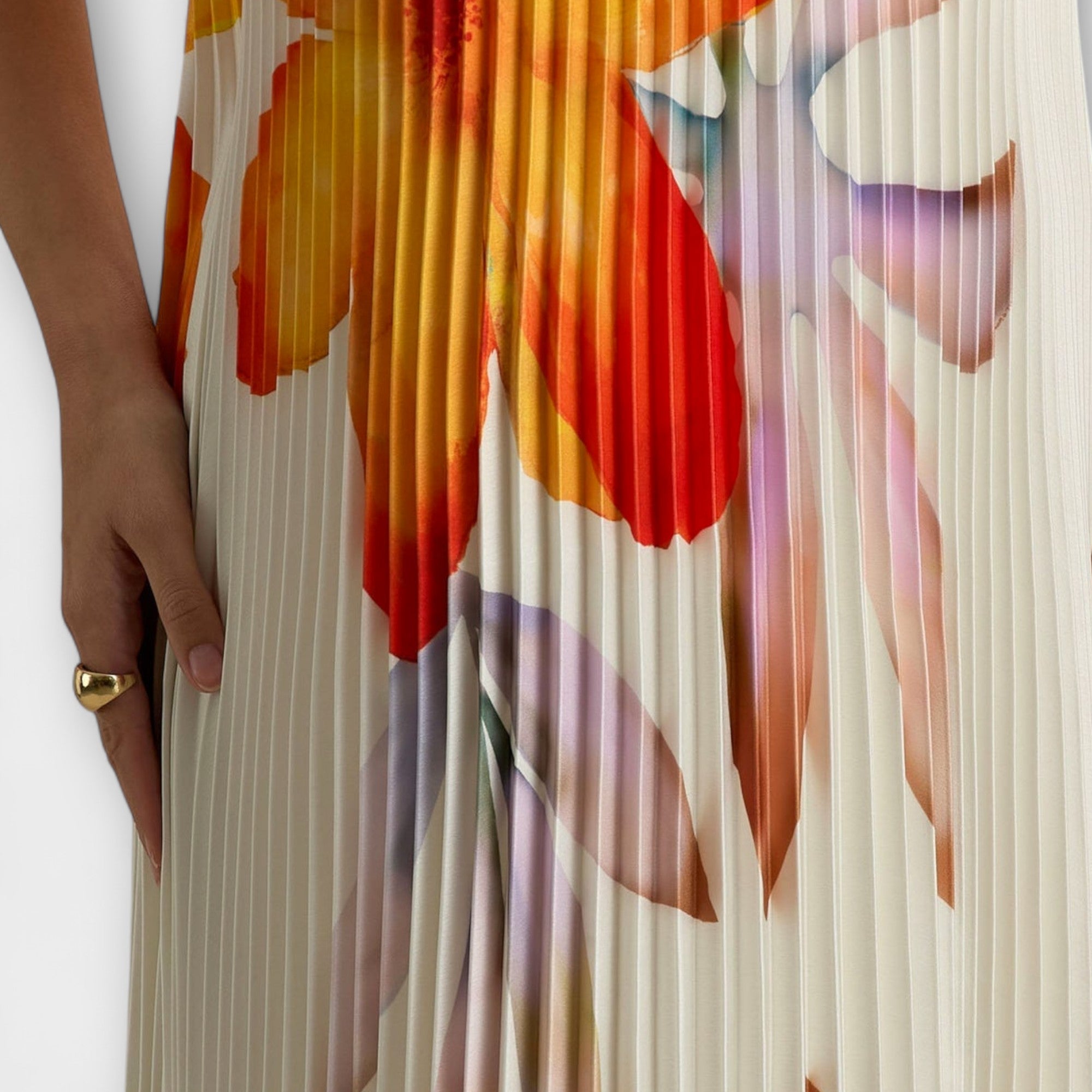 Women’s Maxi Dress, Orange Floral Pleated Fabric, Sleeveless, Sweetheart Neckline, Integrated Corset Fit, Full-Length Hem