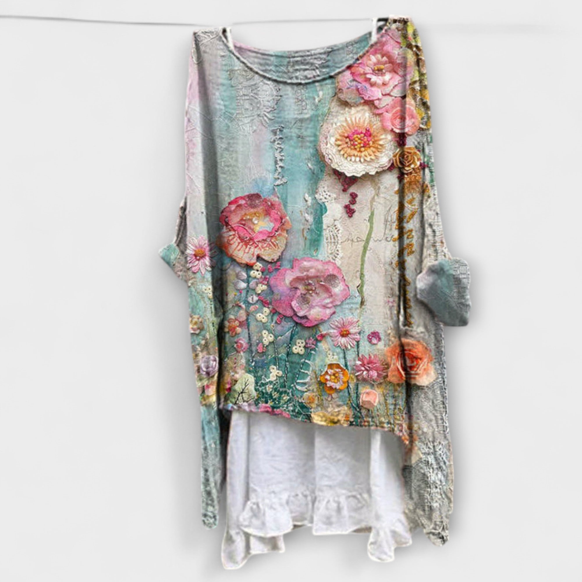 Women’s Long-Sleeve Floral Blouse, Relaxed Fit, Mixed-Media Fabric, Artistic Brushstroke Print