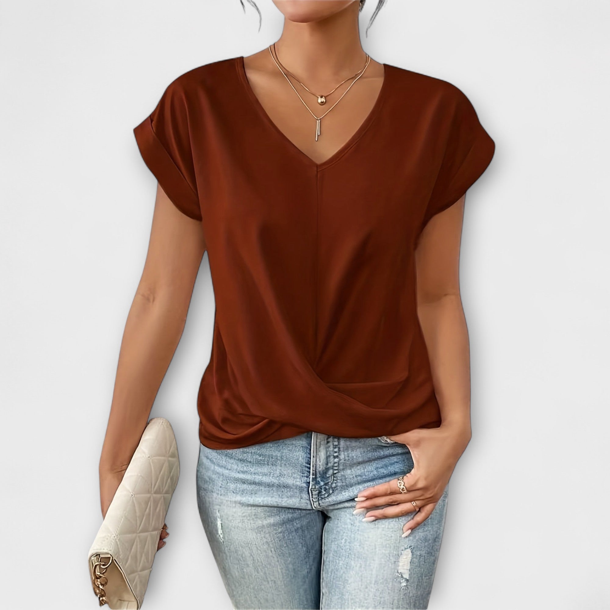 Women’s Lightweight V-Neck Top, Fluid Fit, Subtle Button Detail, Comfortable and Versatile