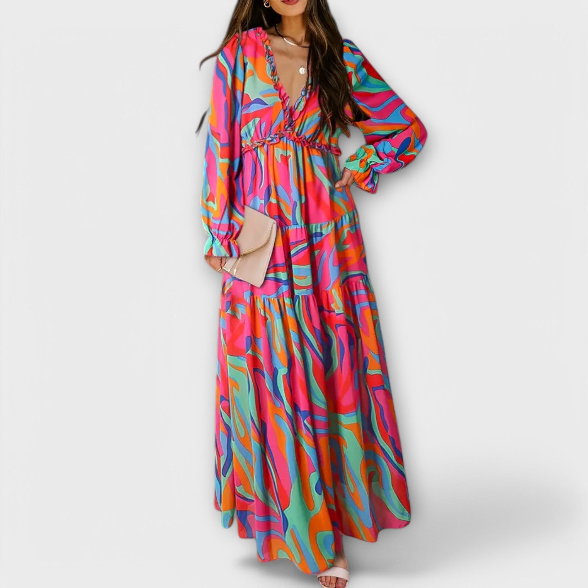 Women’s Maxi Dress, Floral Print, Long Sleeve, V-Neck, Pleated Fabric