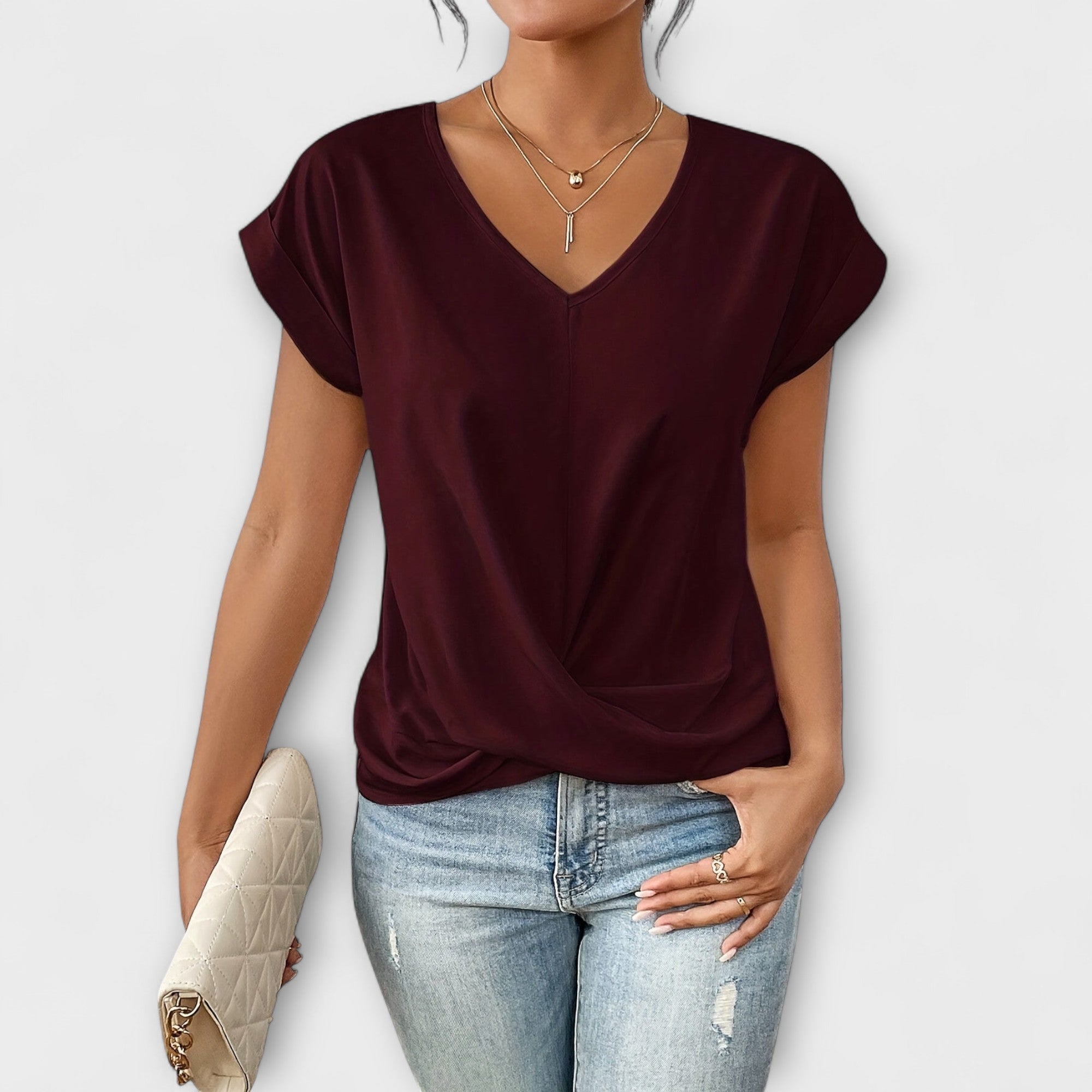 Women’s Lightweight V-Neck Top, Fluid Fit, Subtle Button Detail, Comfortable and Versatile