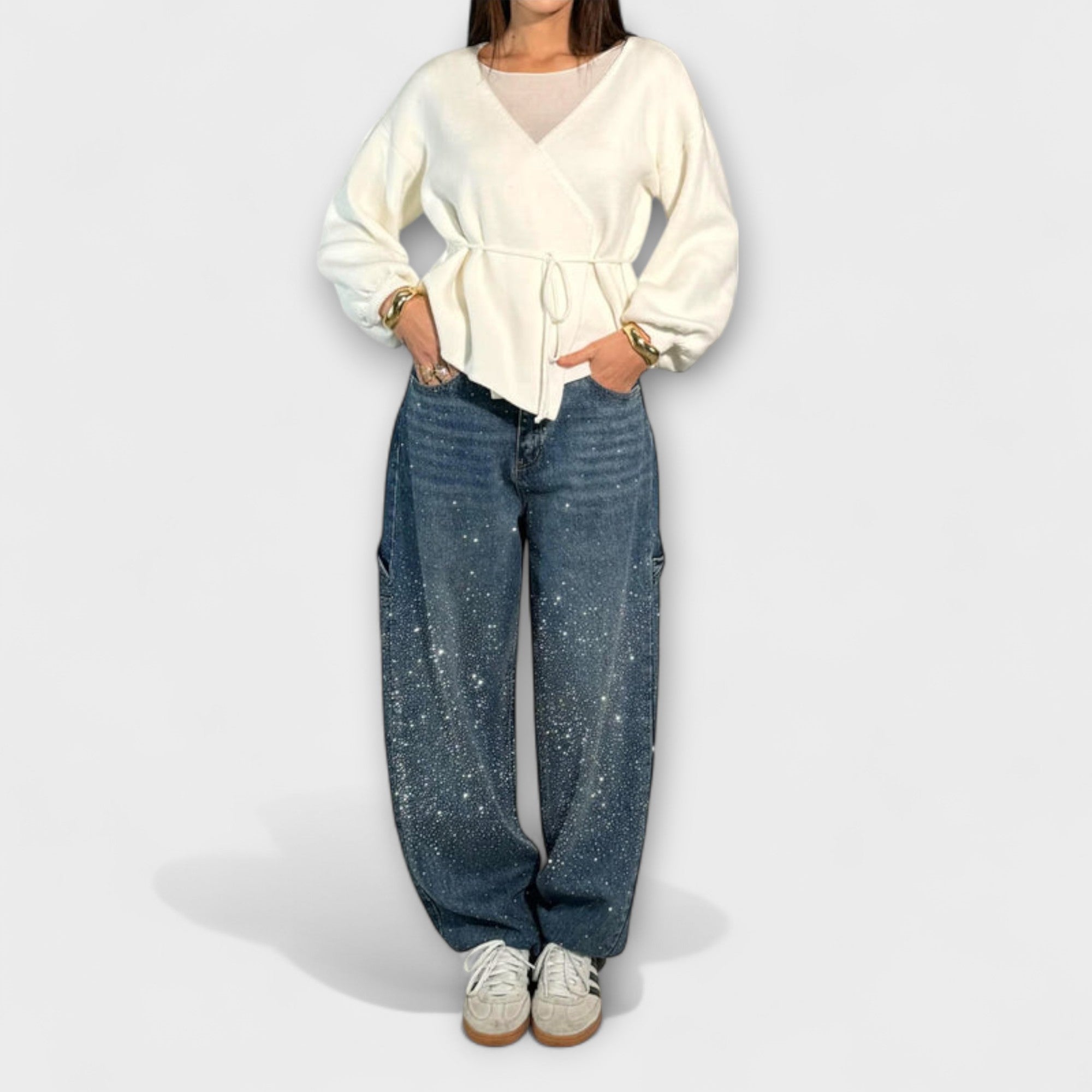 Women’s Balloon Jeans, Modern Fit, 100% Cotton, Jewel Shine Detail