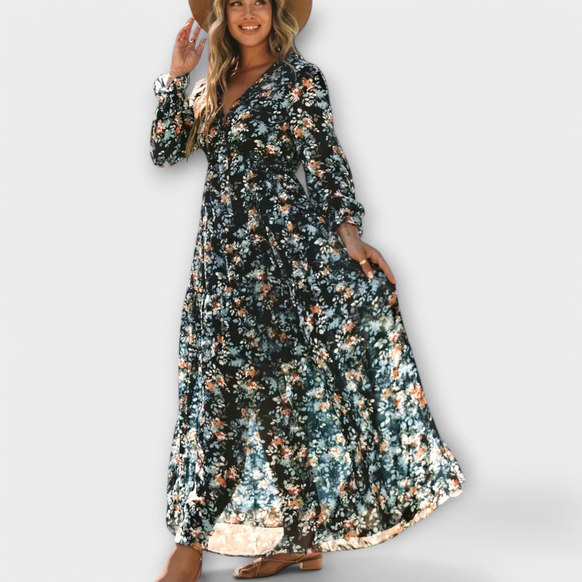 Women’s Maxi Dress, Floral Print, Long Sleeve, V-Neck, Pleated Fabric