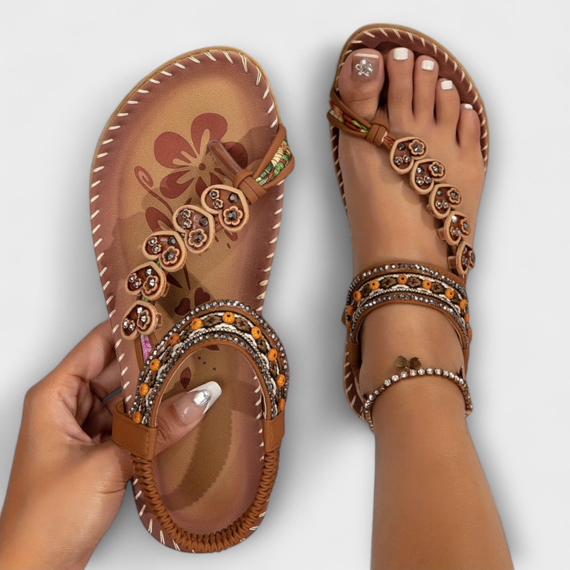 Women’s Sandals Cushioned Insole, Elastic Ankle Strap, Boho Floral Pearls Embellishments