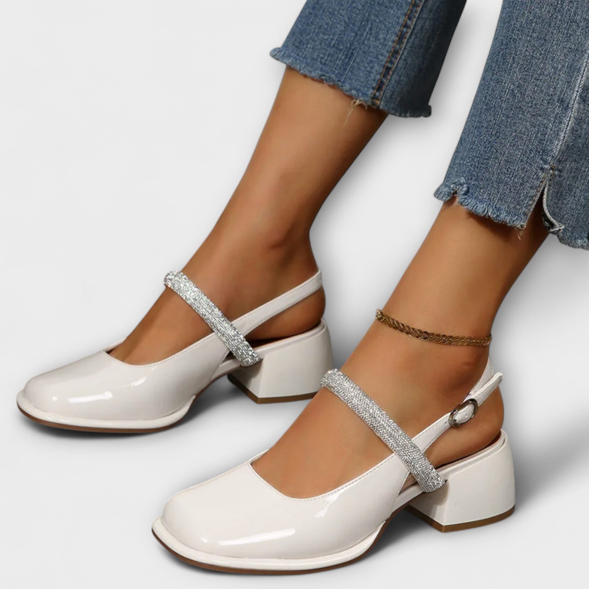 Women’s Mary Jane Patent Leather Shoes, Block Heel, Glittery Strap