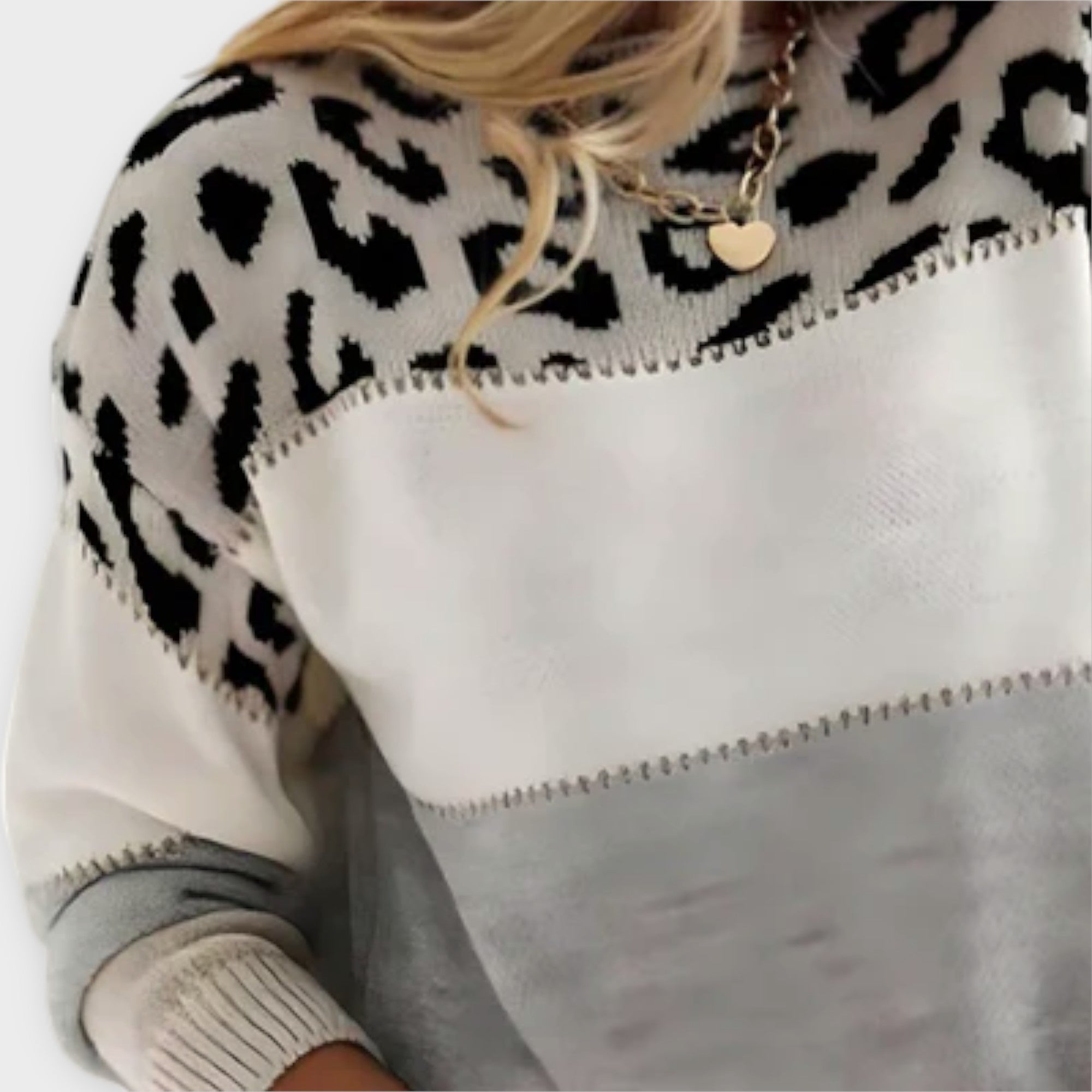 Women’s Knee-Length Knit Dress, Grey and Pink Leopard Print, Long Sleeve, Crew Neck, Regular Fit