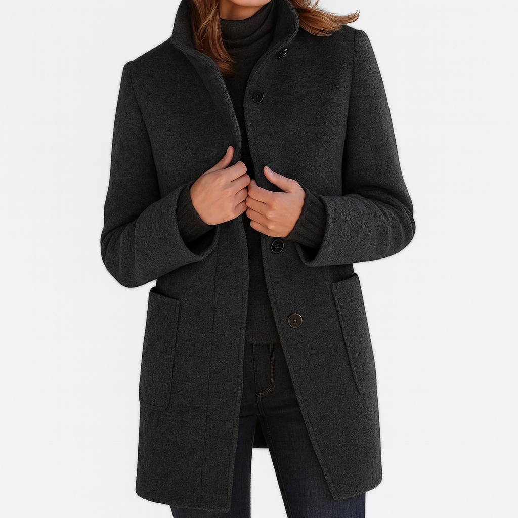 Women’s Wool Blend Coat, Straight Fit, Korean Collar, Long Sleeve, Elegant Colors, Functional Pockets