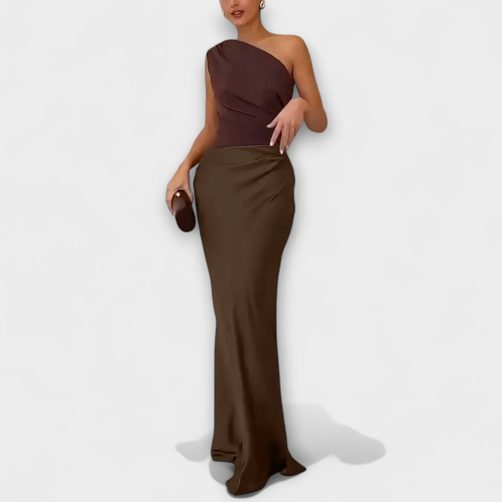 Women’s Maxi Dress, One-Shoulder Sleeve, Asymmetric Neckline, Pleated, Flowing Fit, Soft Fluid Fabric