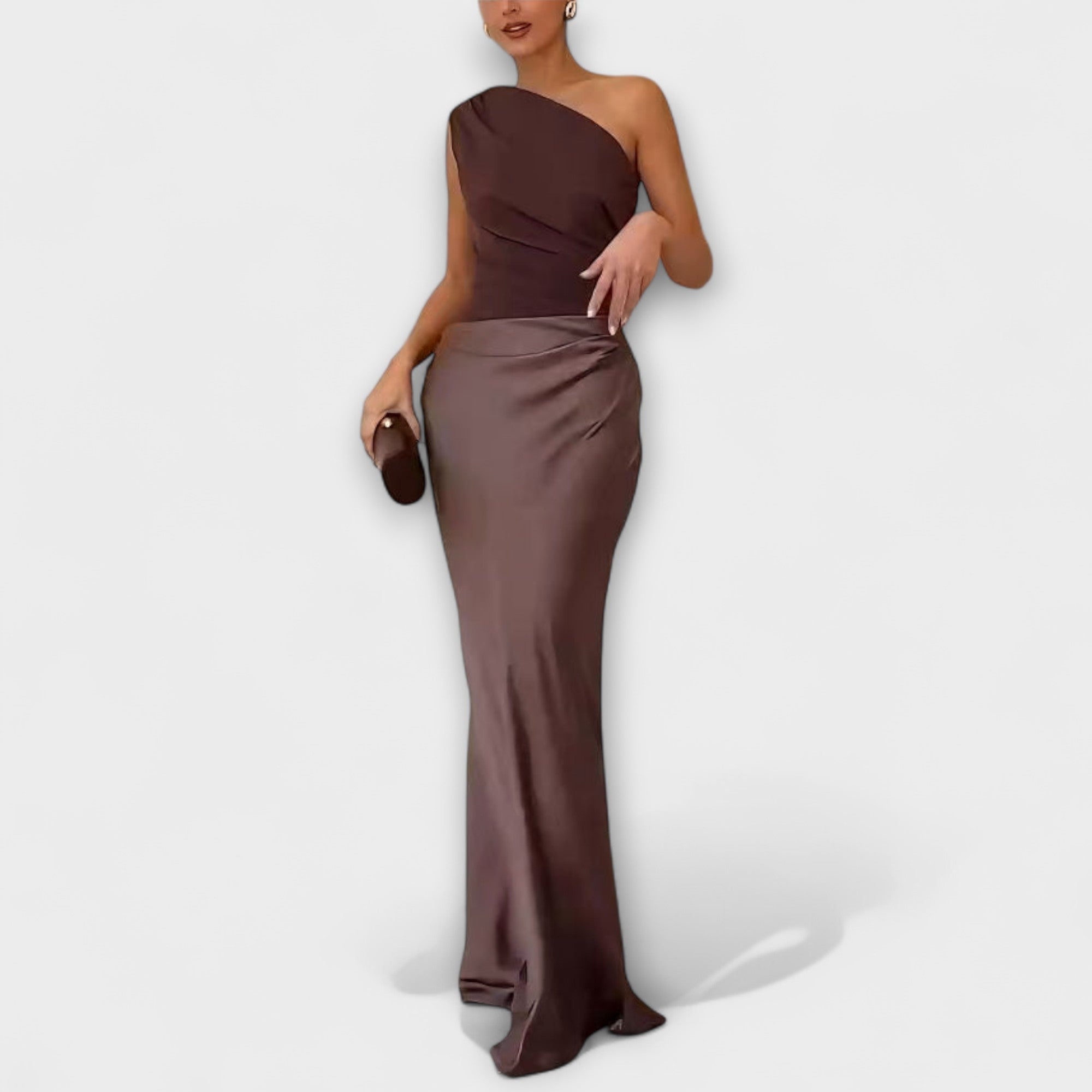 Women’s Maxi Dress, One-Shoulder Sleeve, Asymmetric Neckline, Pleated, Flowing Fit, Soft Fluid Fabric