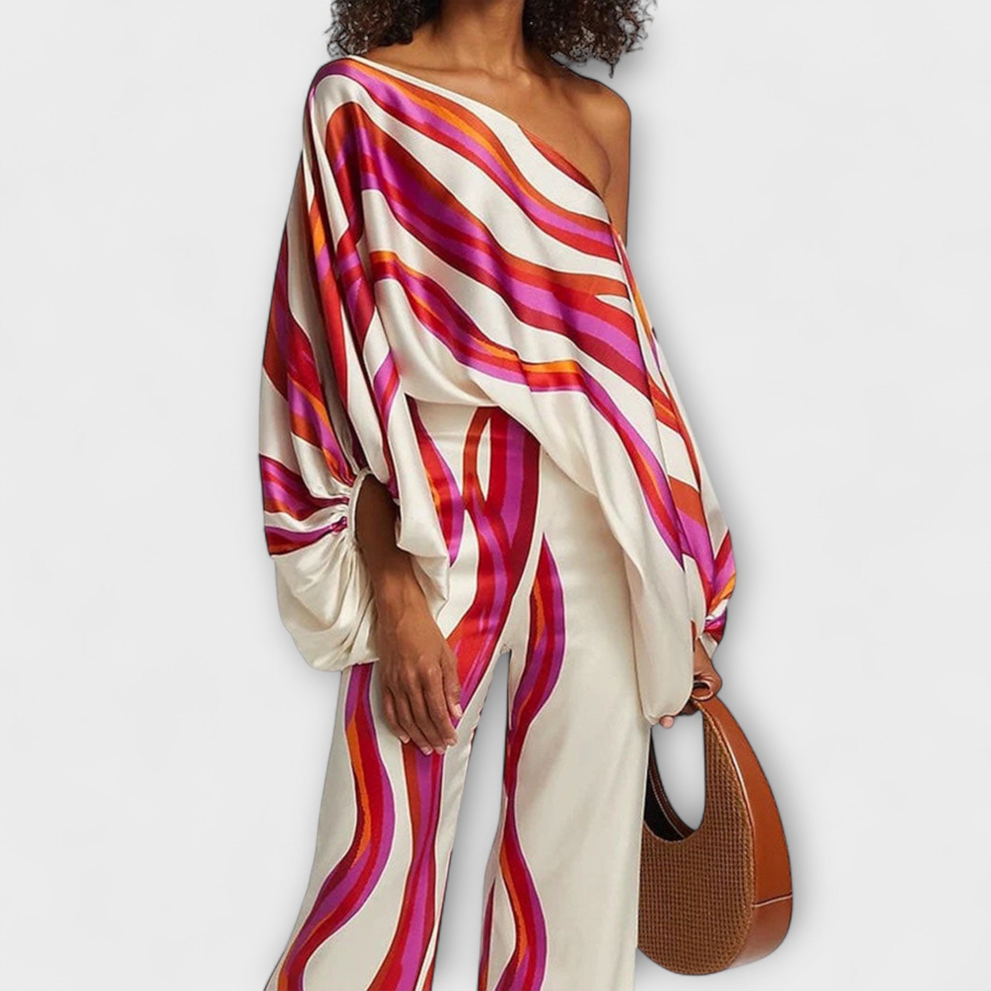 Women’s Two-Piece Set, Printed, Strapless Lantern Sleeves Top, Wide-Leg Trousers