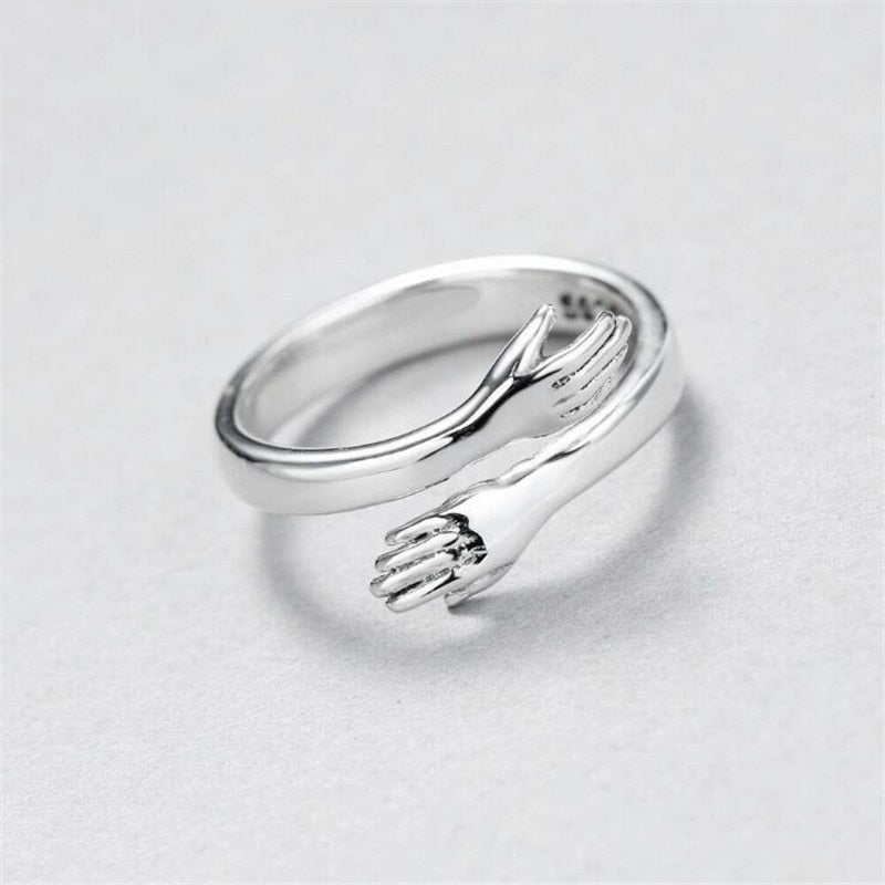 Women’s Adjustable Silver Ring, Zinc Alloy, Intertwined Hands Motif, Minimalist Design