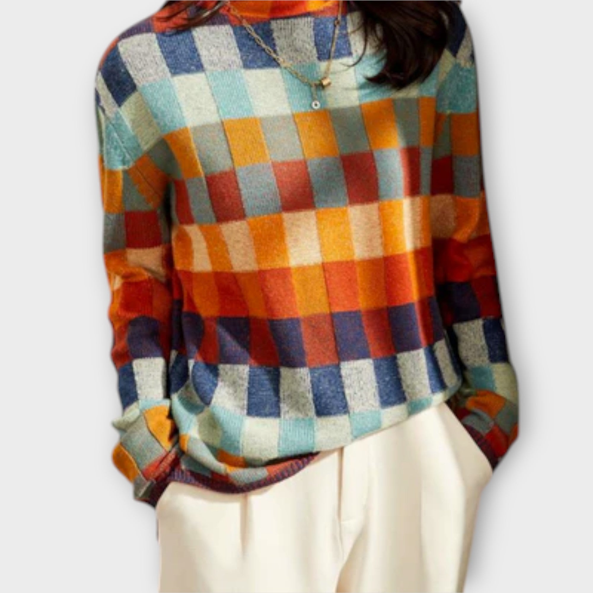 Women’s Patchwork Jumper, Long Sleeve, High Collar, Tailored Fit, Soft Comfortable Fabric