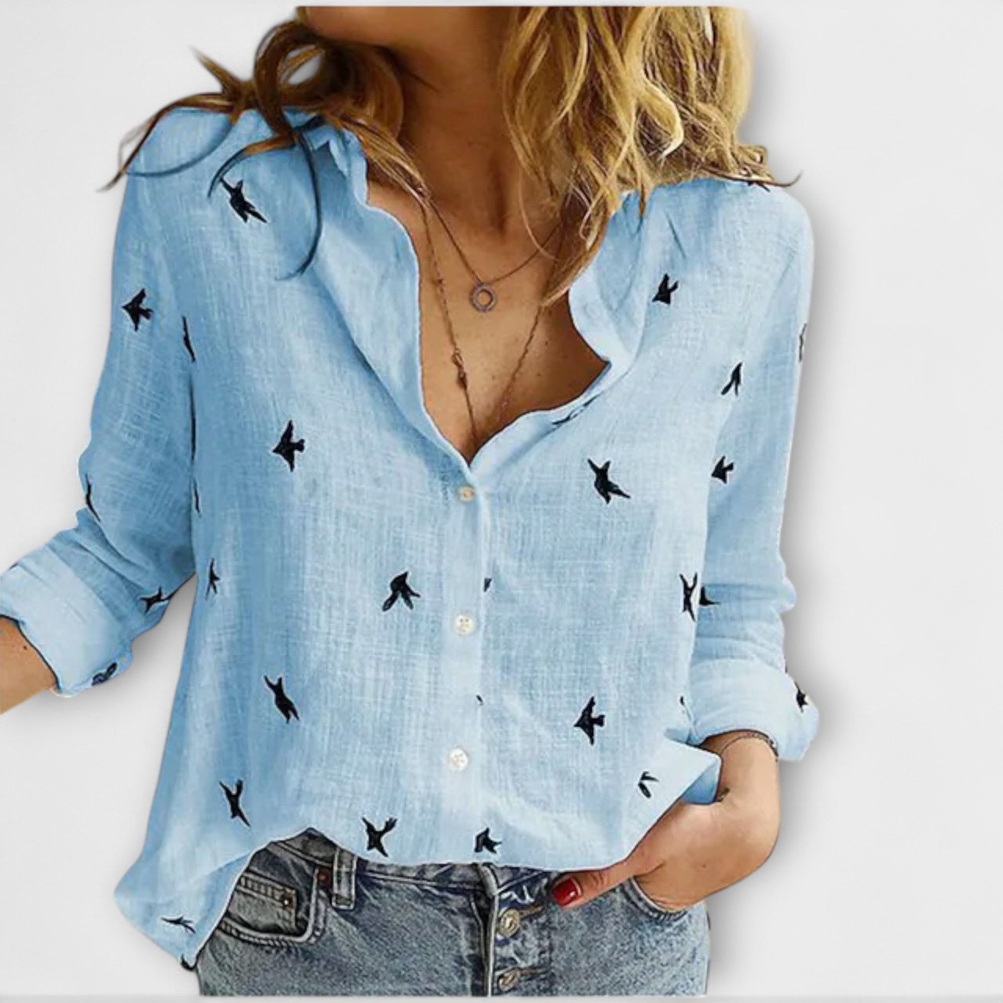 Women’s Blouse, Cotton Linen Blend, Long Sleeve, Refined Collar, Slightly Small Fit