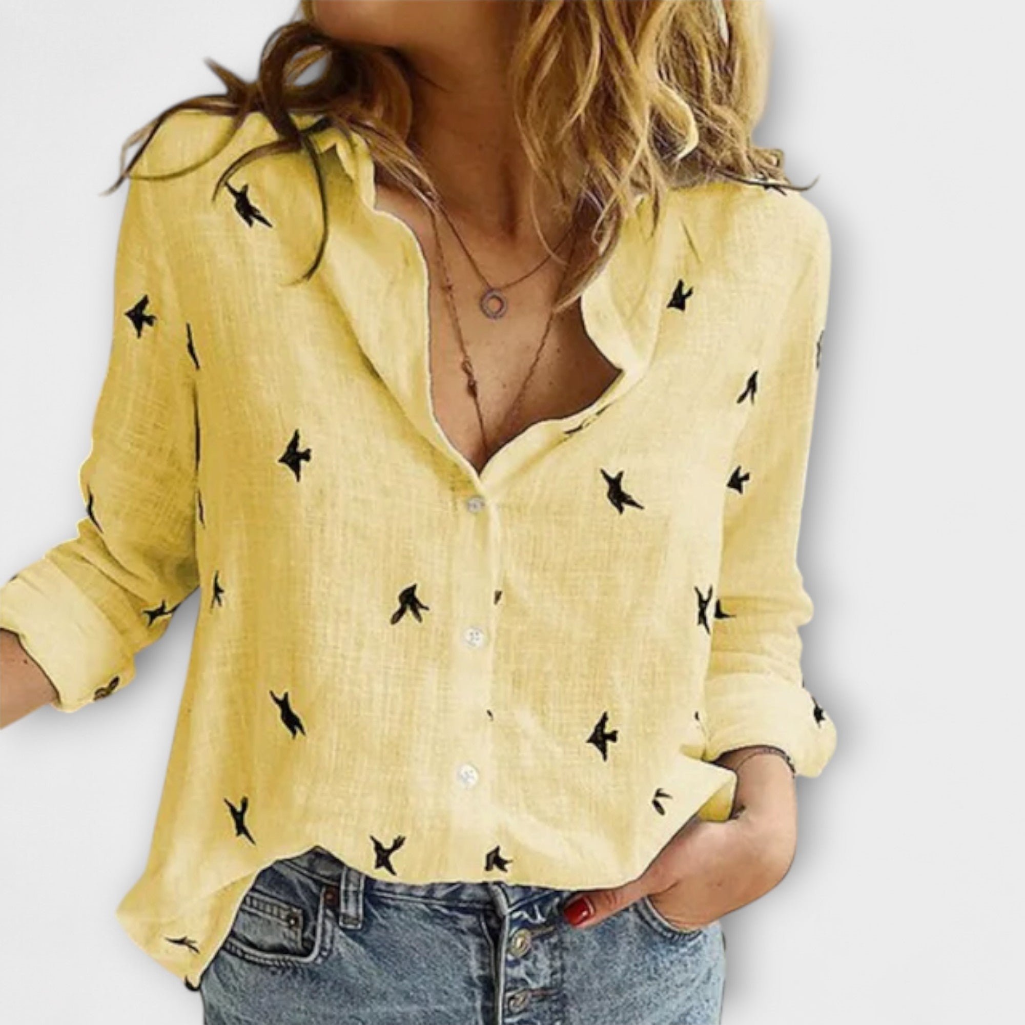 Women’s Blouse, Cotton Linen Blend, Long Sleeve, Refined Collar, Slightly Small Fit