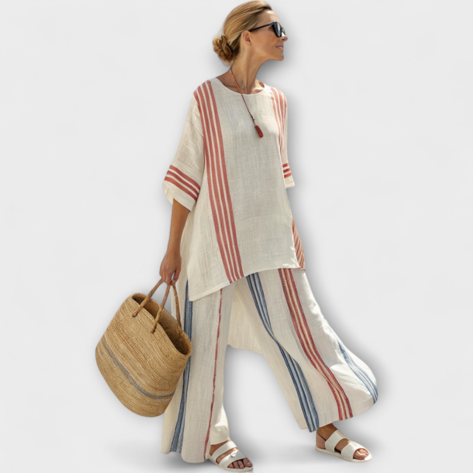 Women’s Sleeveless Bamboo Linen Dress, Lightweight, Oversized Fit, Asymmetric Neckline, Vertical Stripes Texture