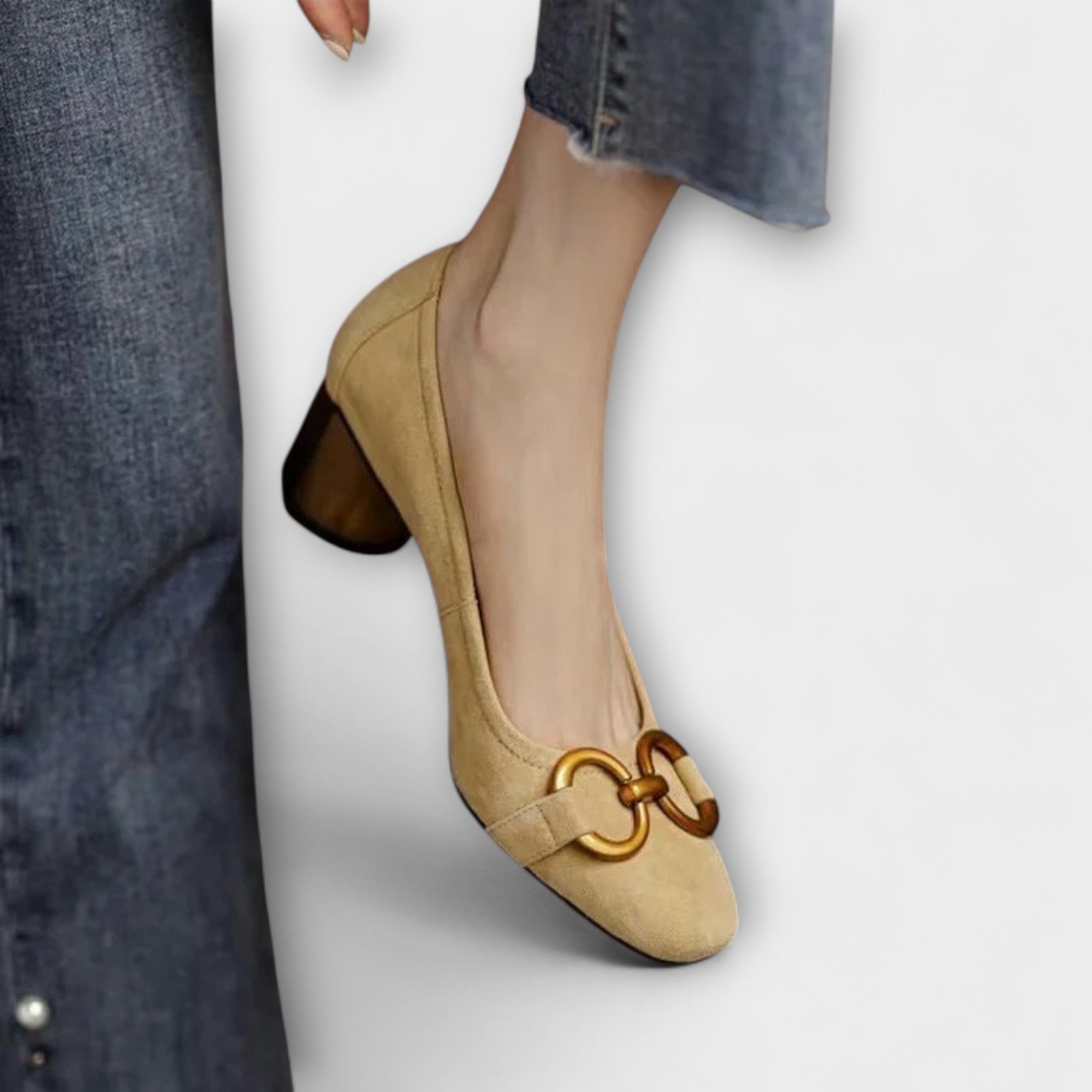 Women’s Leather Heels, Embroidered, Cushioned Insole, Adjustable Ankle Buckle, Closed Heel Design