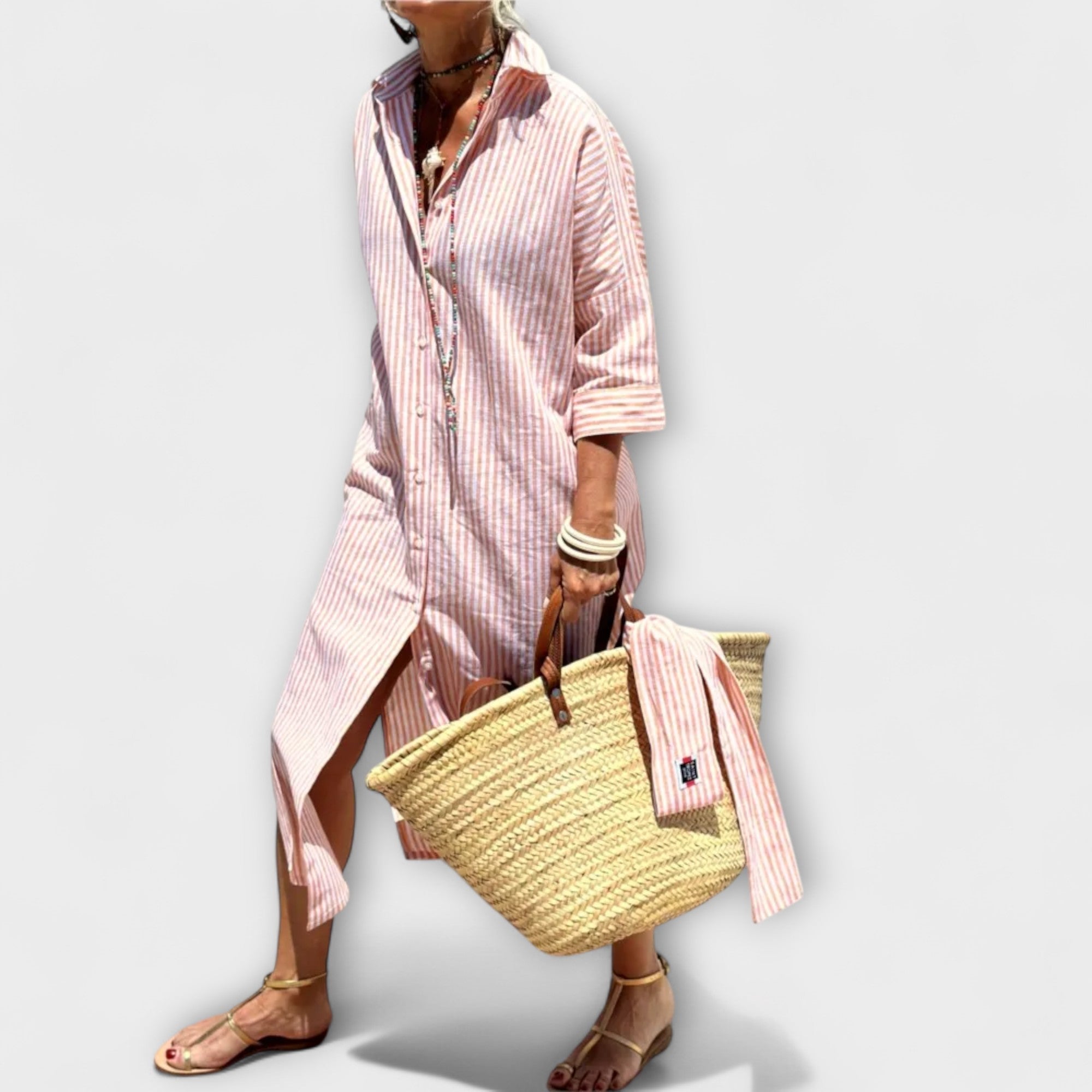 Women’s Midi Dress, Neutral Tone, Sleeveless, Relaxed Fit, Sophisticated Neckline, Soft Breathable Fabric