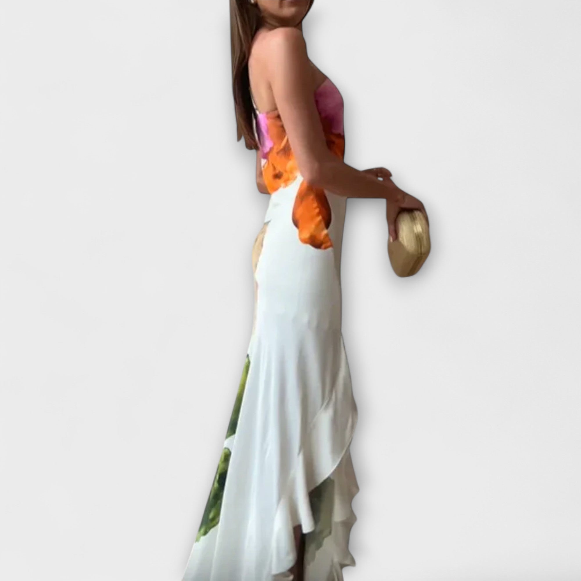 Women’s Patchwork Maxi Dress, Sleeveless, Asymmetrical Neckline, Empire Waist, Pleated Silhouette, Ankle-Length