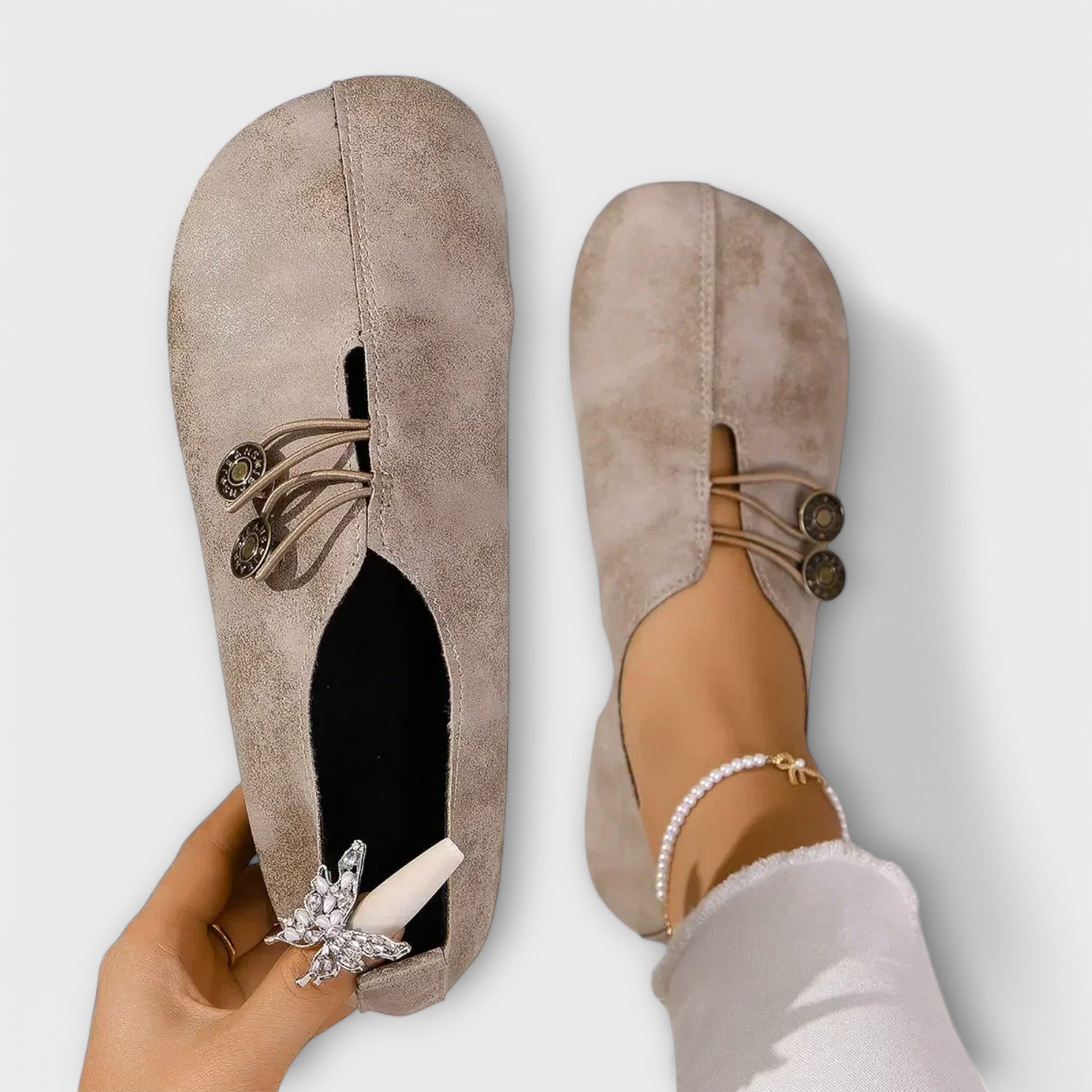 Women’s Loafers, Suede, Elastic Button Closure, Lightweight Foldable Sole, Cushioned Insoles