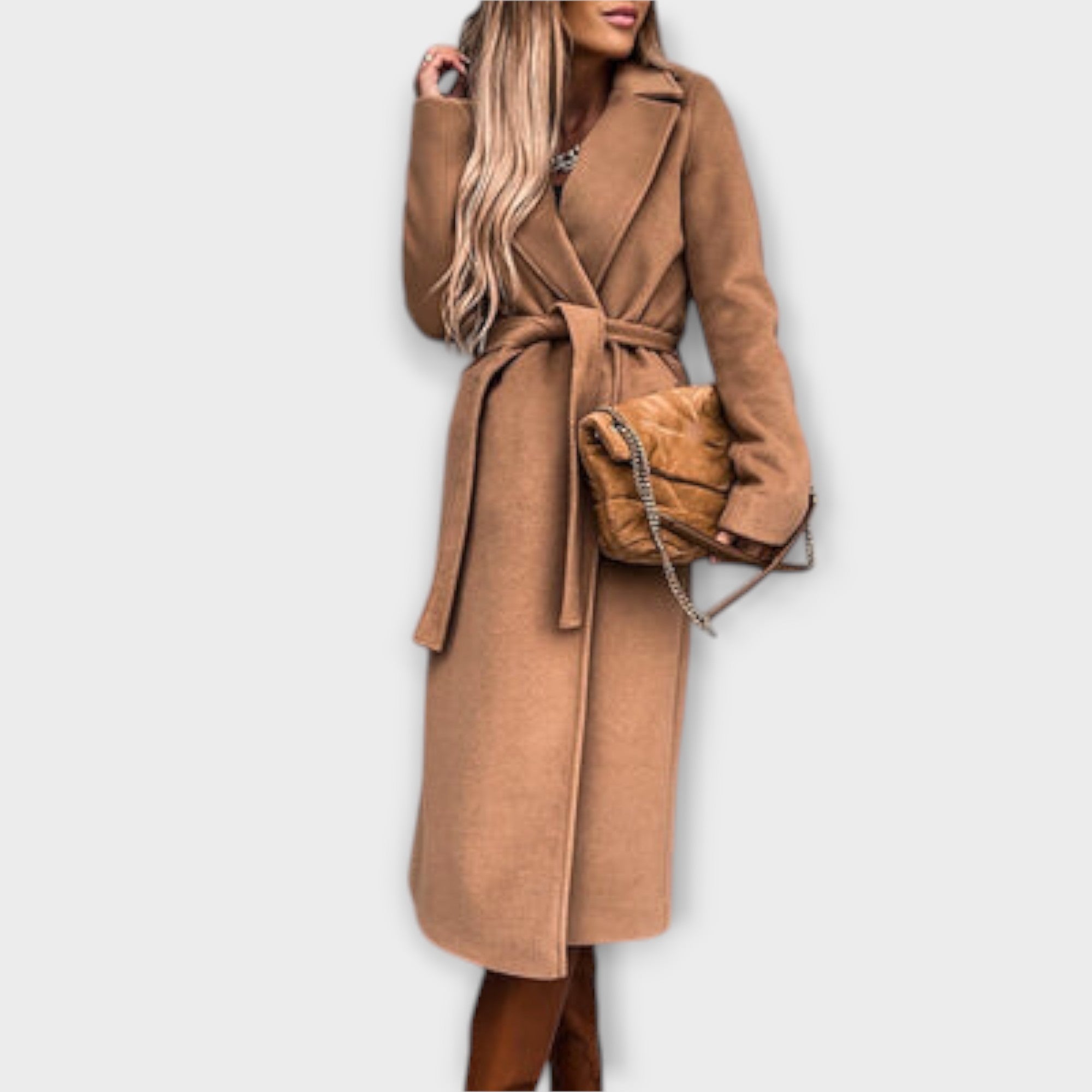 Women’s Long Coat, Tailored Fit, Soft Warm Fabric, Adjustable Waist Belt, Classic Design