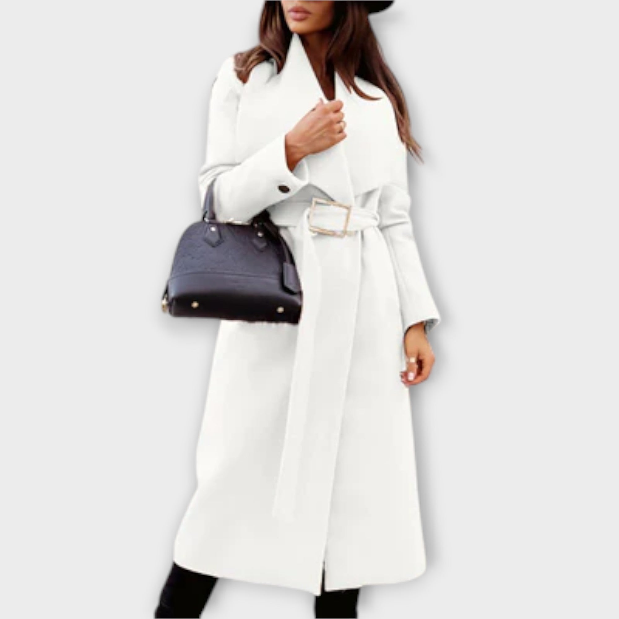 Women’s Long Coat, Tailored Fit, Soft Warm Fabric, Adjustable Belt, Classic Style