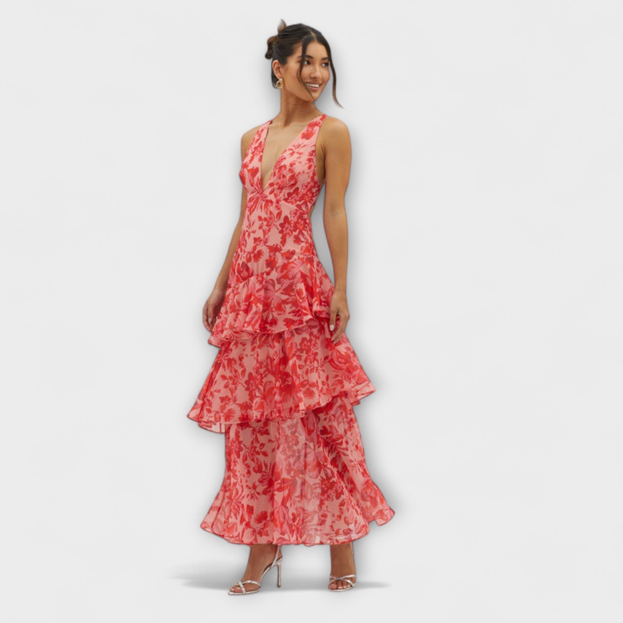 Women’s Midi Dress Sleeveless Lightweight Lined Fabric Adjustable Open Back with Ruffle Hem