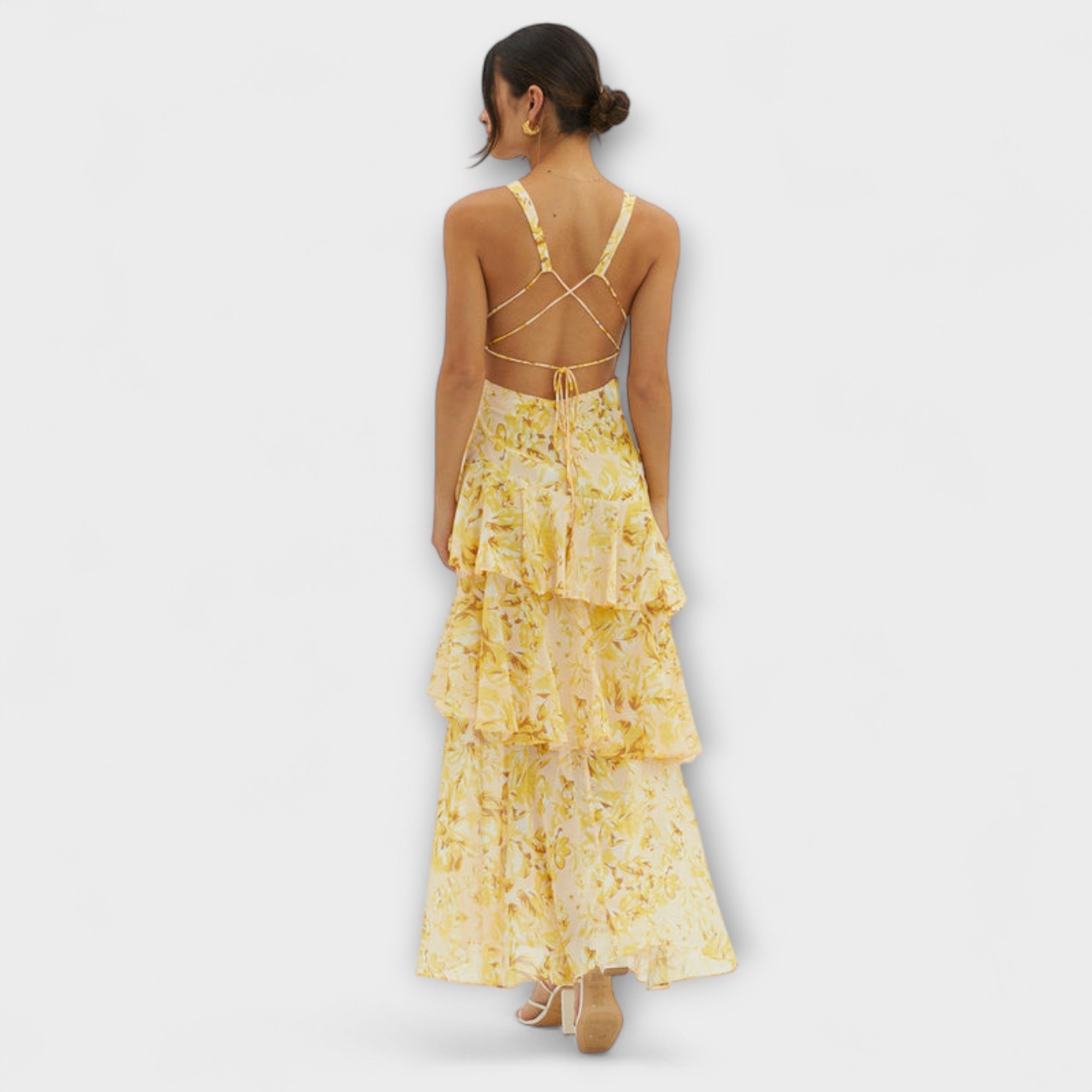 Women’s Midi Dress Sleeveless Lightweight Lined Fabric Adjustable Open Back with Ruffle Hem