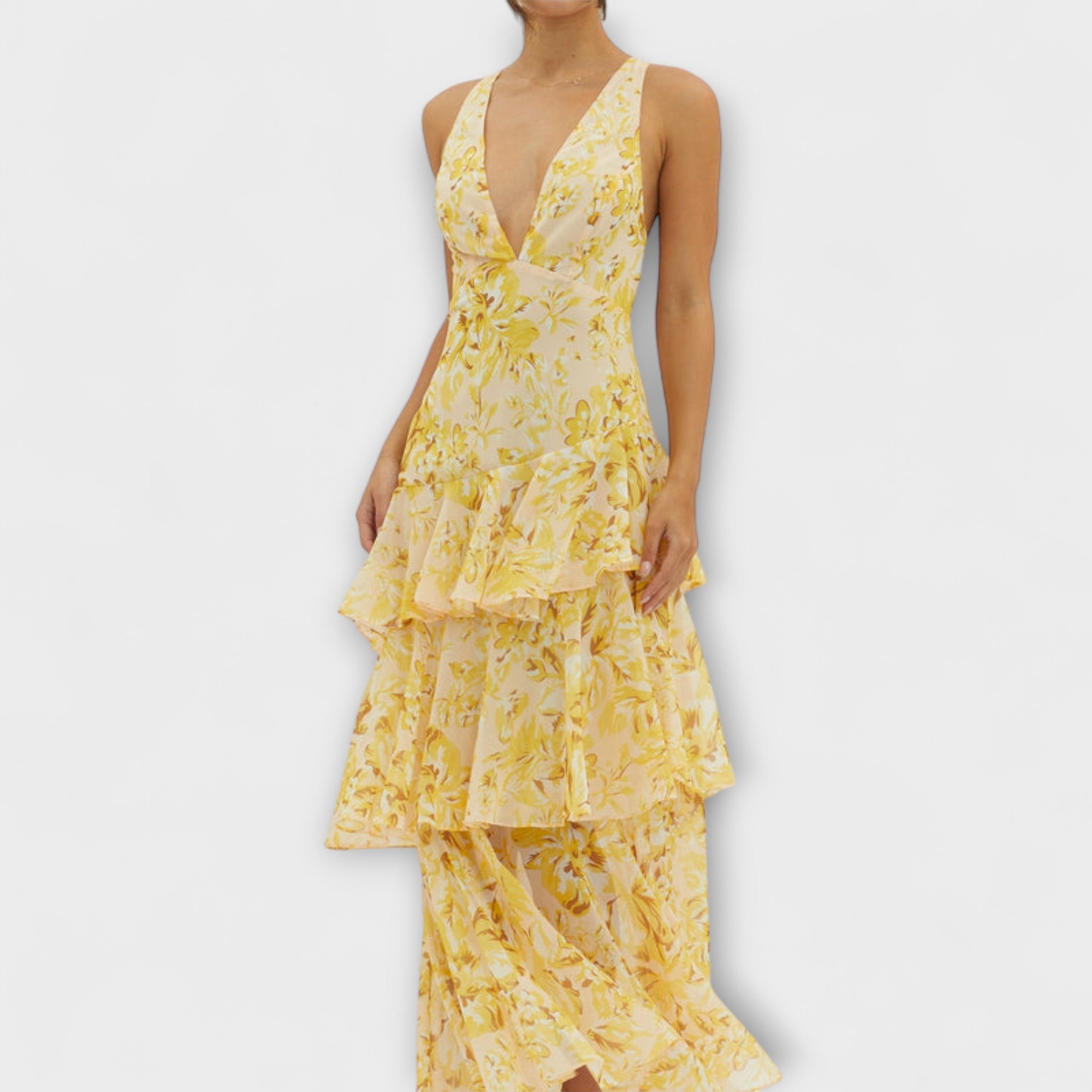 Women’s Midi Dress Sleeveless Lightweight Lined Fabric Adjustable Open Back with Ruffle Hem