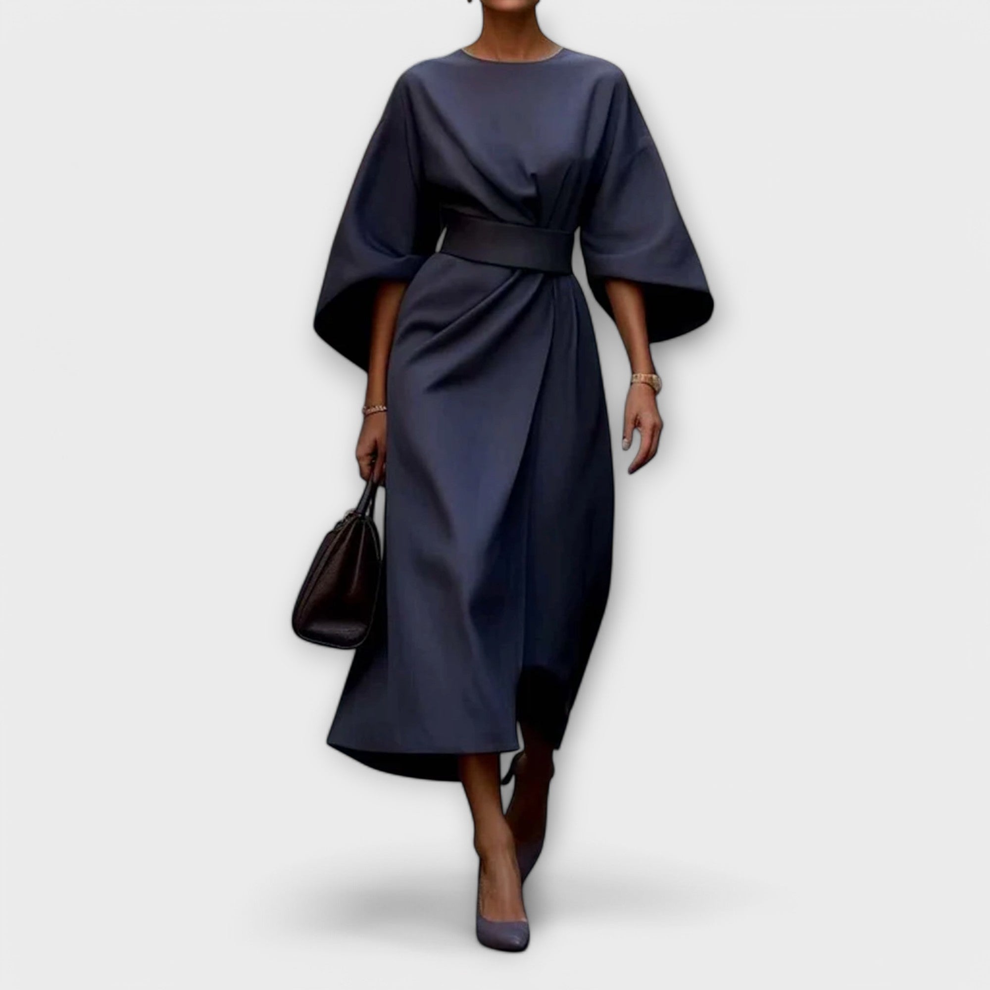 Women’s Dress, Elegant Silhouette, Lantern Sleeves, Belted Waist